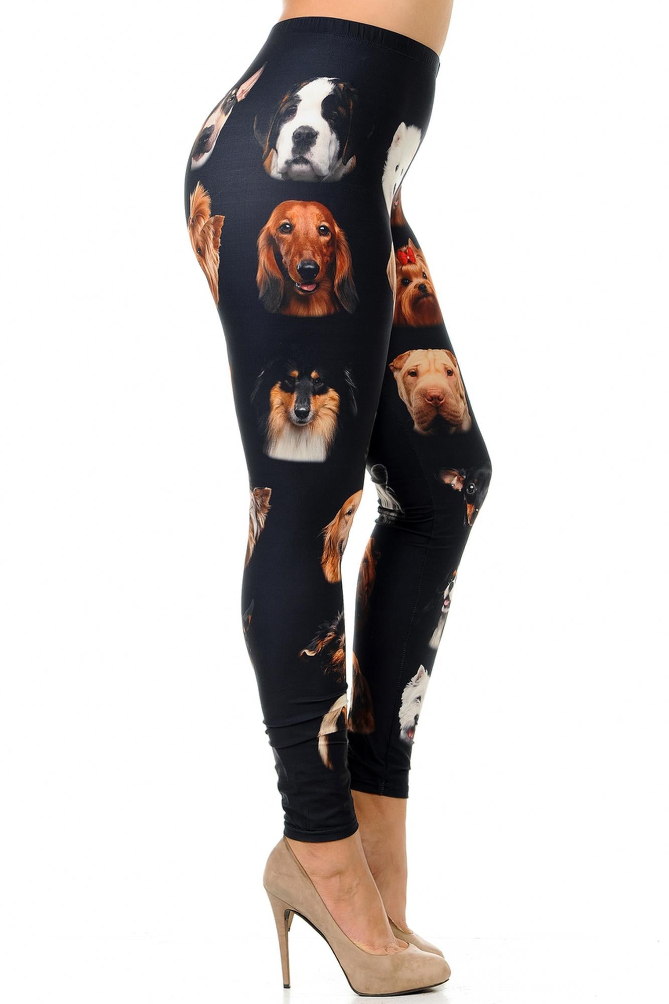 Creamy Soft Cute Puppy Dog Faces Plus Size Leggings (One Size Plus,Black)