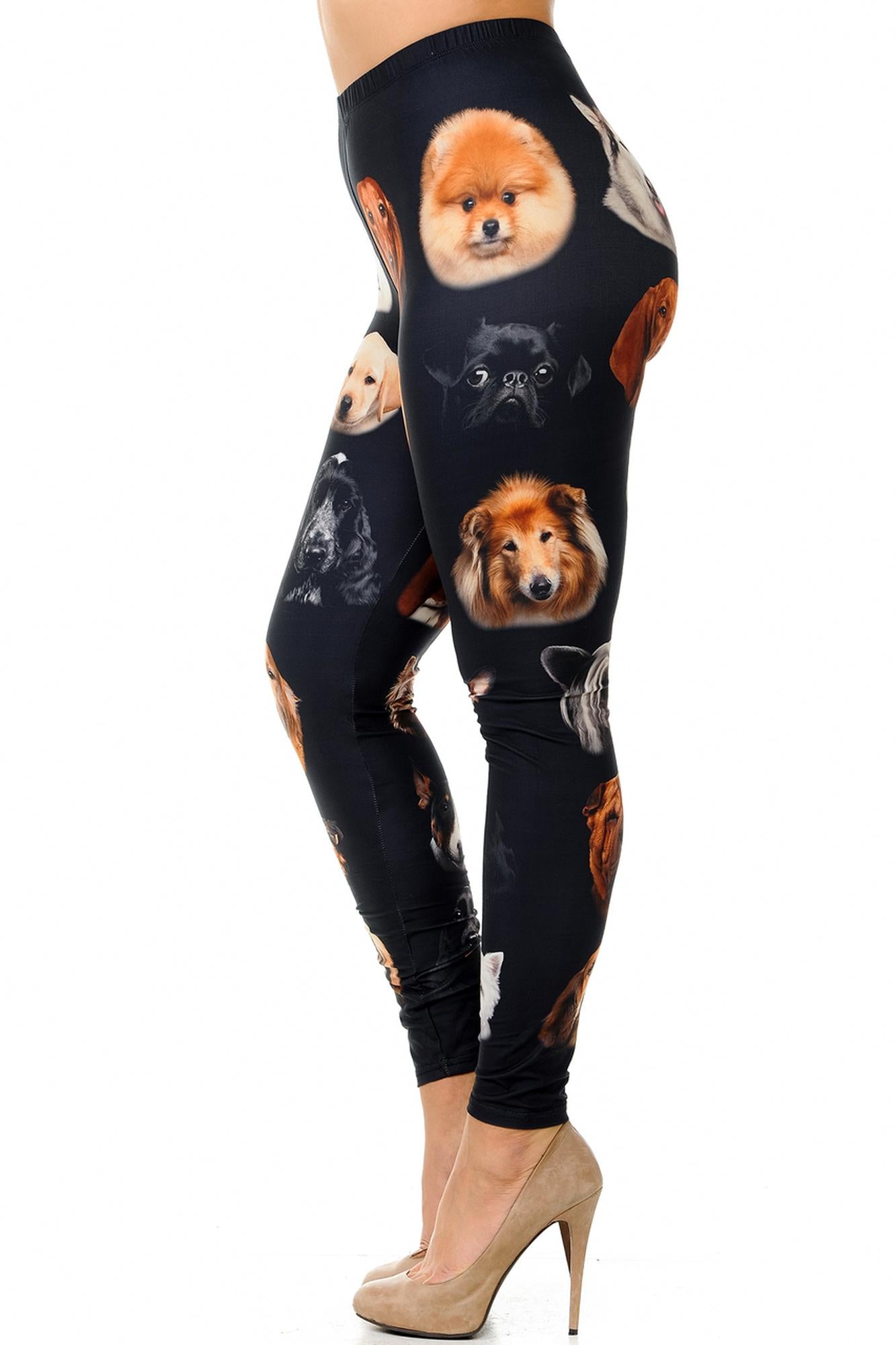 Creamy Soft Cute Puppy Dog Faces Plus Size Leggings (One Size Plus,Black)