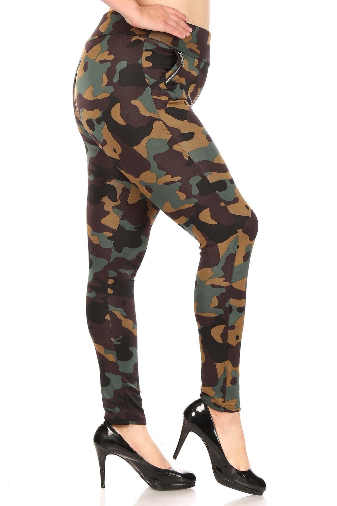 Brown Camouflage High Waisted Plus Size Treggings with Zipper Accent Pockets