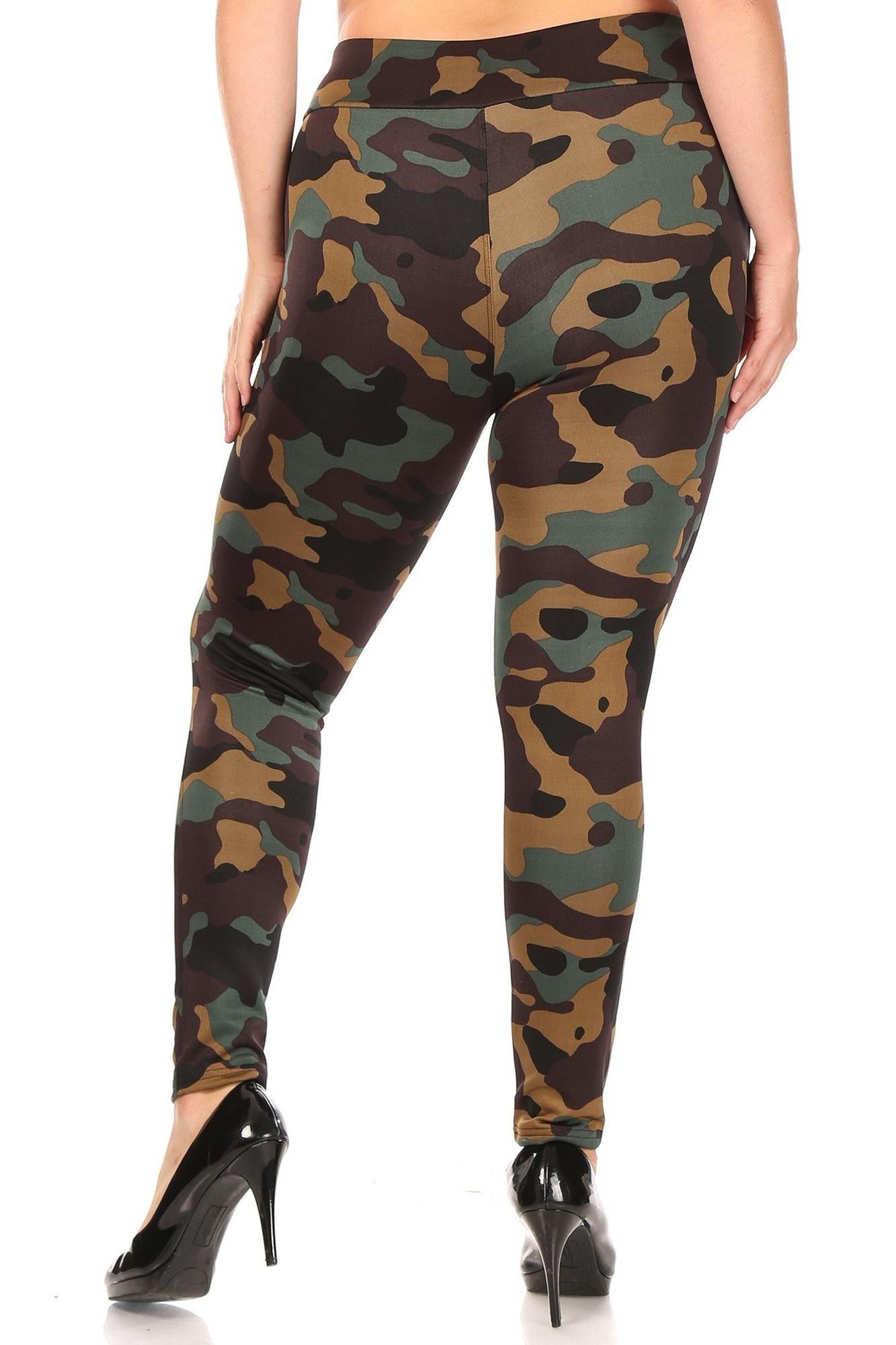 Brown Camouflage High Waisted Plus Size Treggings with Zipper Accent Pockets