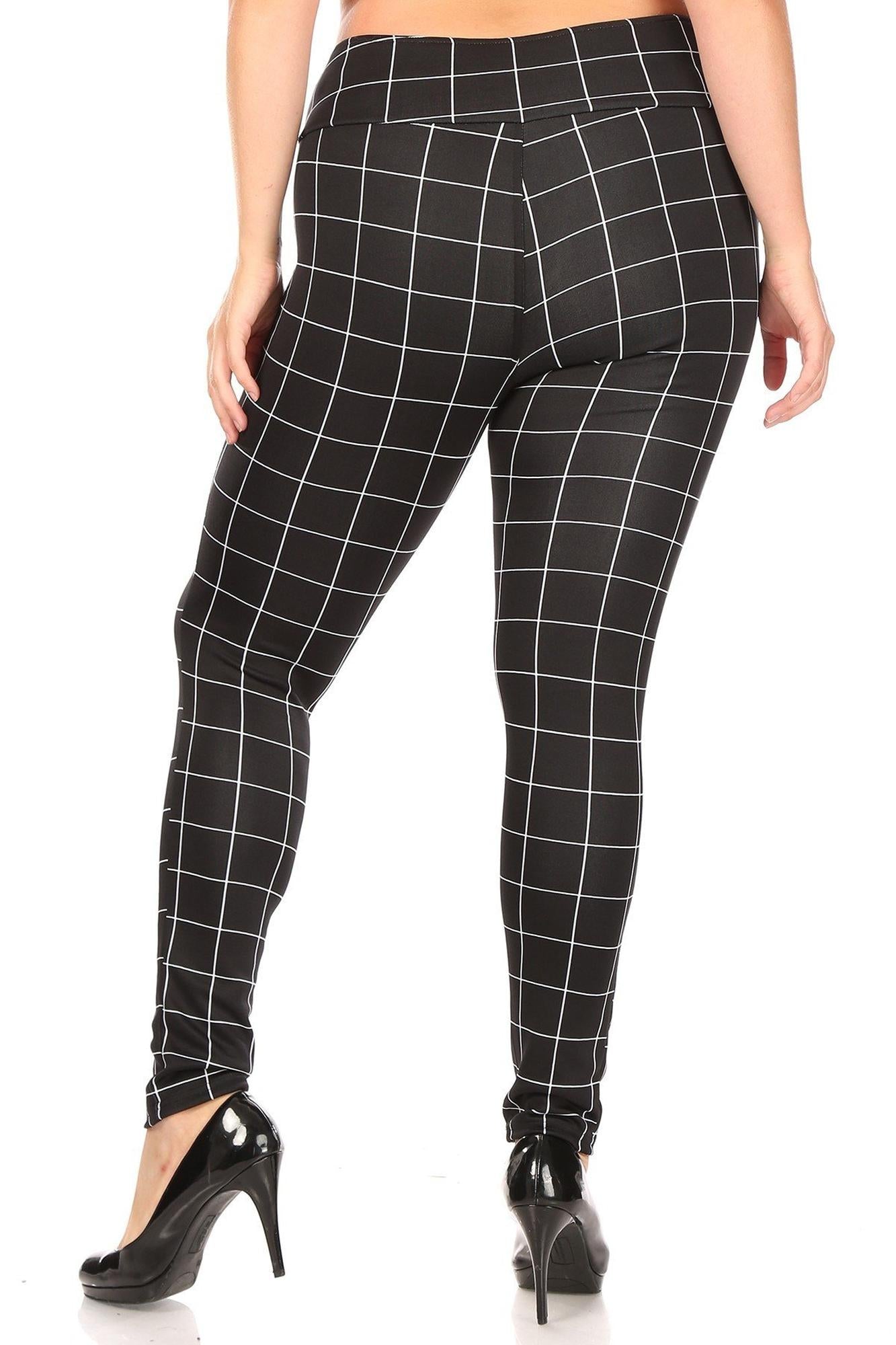High Waisted Grid Print Button Detail Plus Size Treggings with Pockets