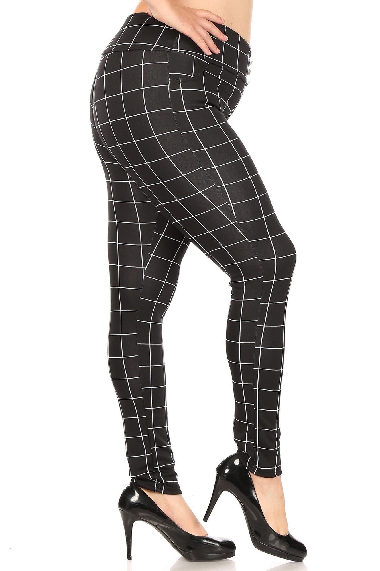 High Waisted Grid Print Button Detail Plus Size Treggings with Pockets