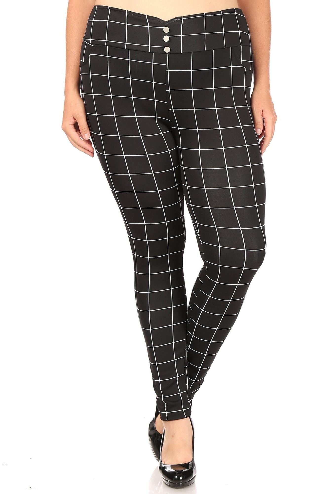 High Waisted Grid Print Button Detail Plus Size Treggings with Pockets