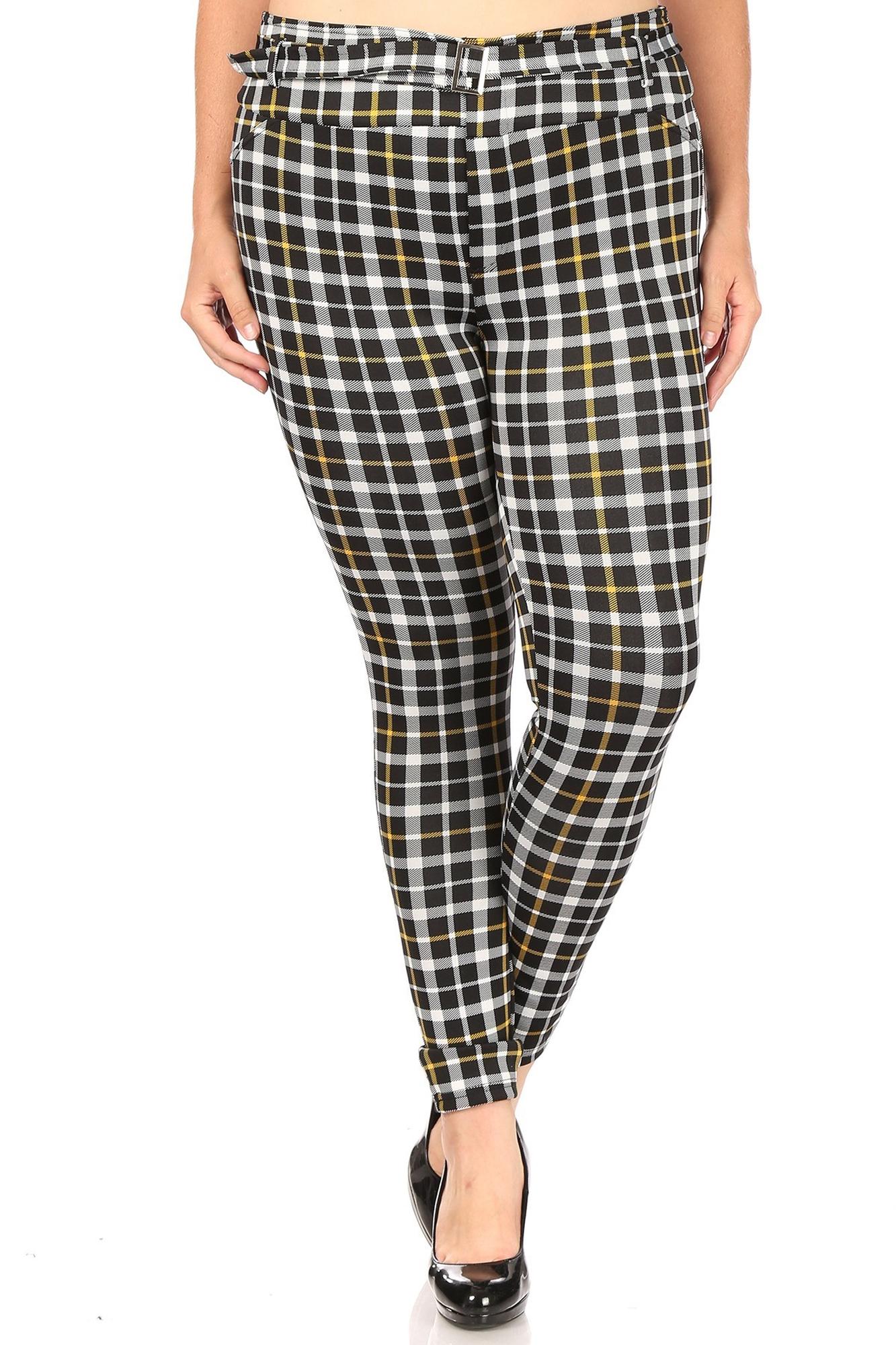 Belted Mustard Accent Plaid Plus Size Treggings with Pockets