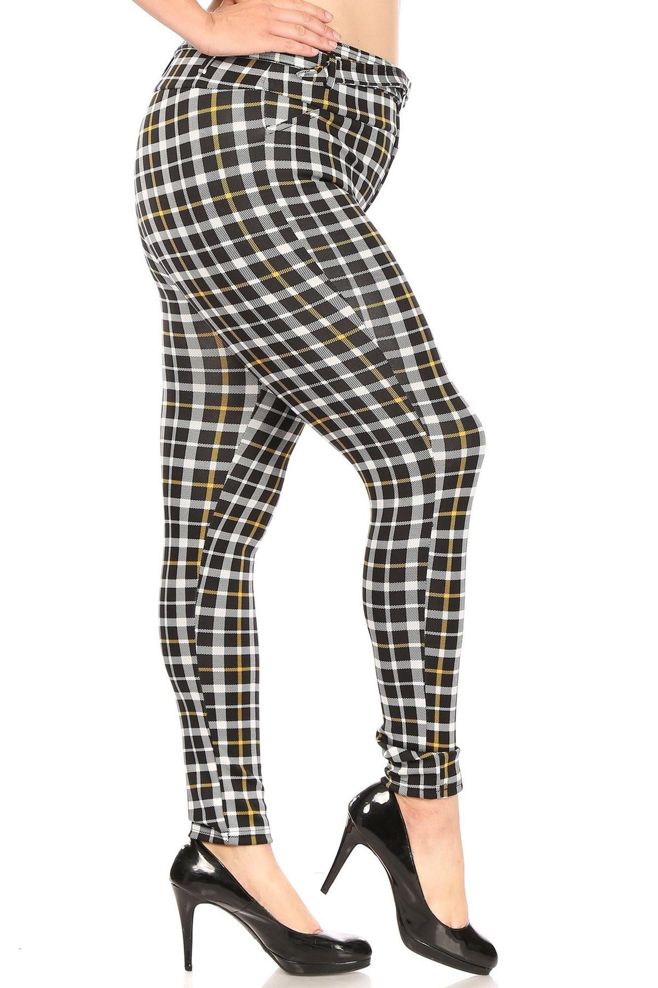 Belted Mustard Accent Plaid Plus Size Treggings with Pockets