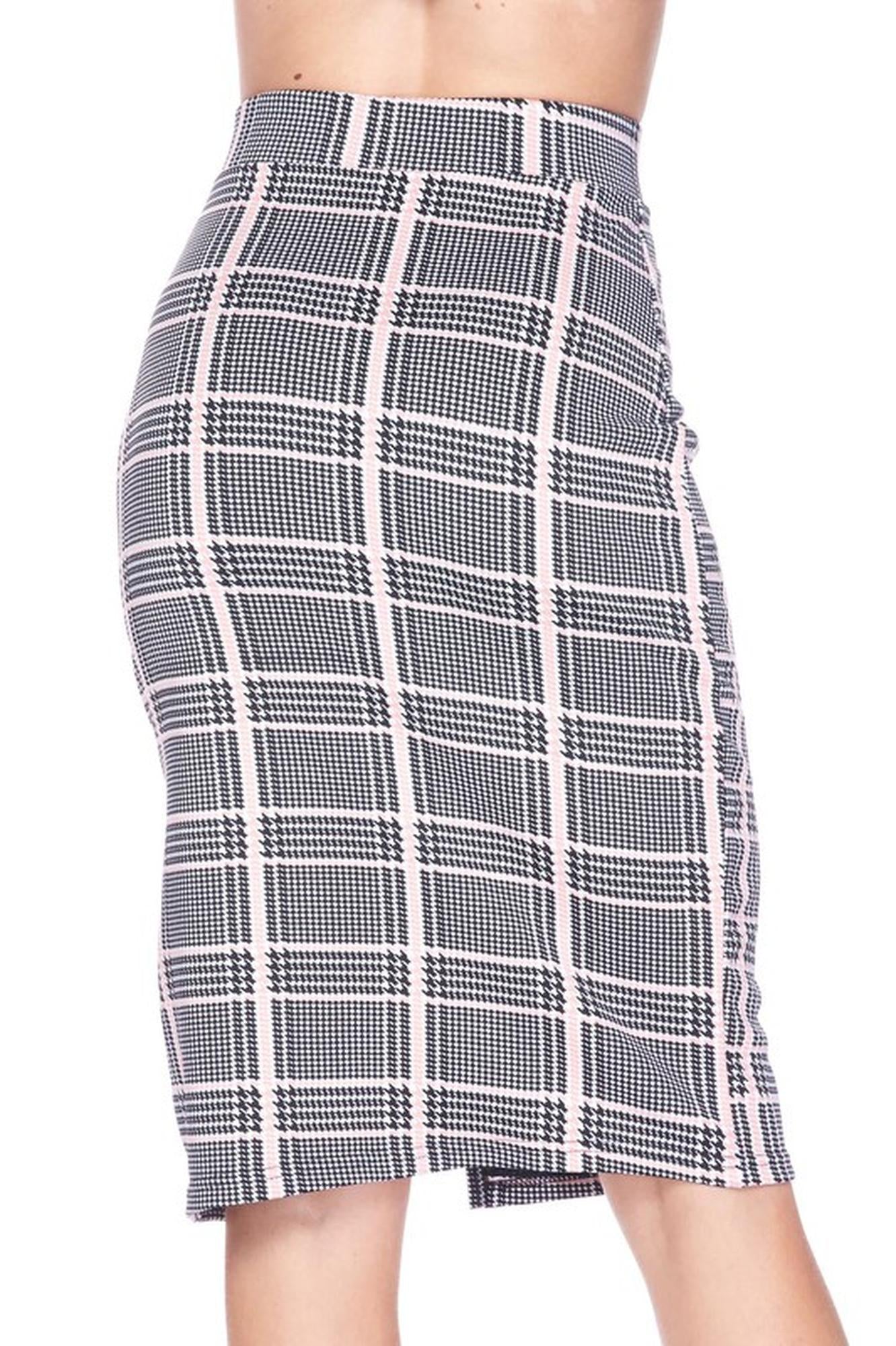 Silky Soft Scuba Baby Pink Glen Plaid Plus Size Pencil Skirt with Front Slit