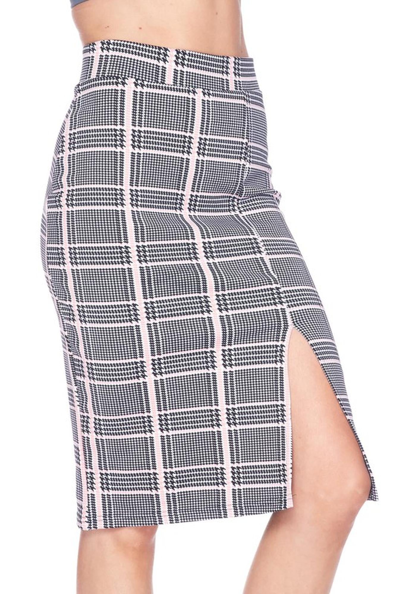 Silky Soft Scuba Baby Pink Glen Plaid Plus Size Pencil Skirt with Front Slit