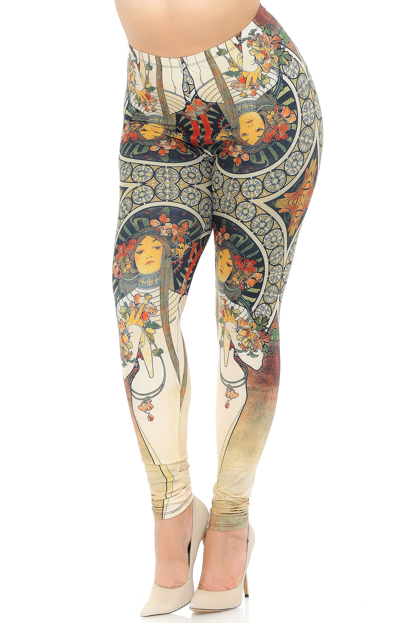 Creamy Soft Gaia Mucha Plus Size Leggings - USA Fashion (One Size Plus,Beige)