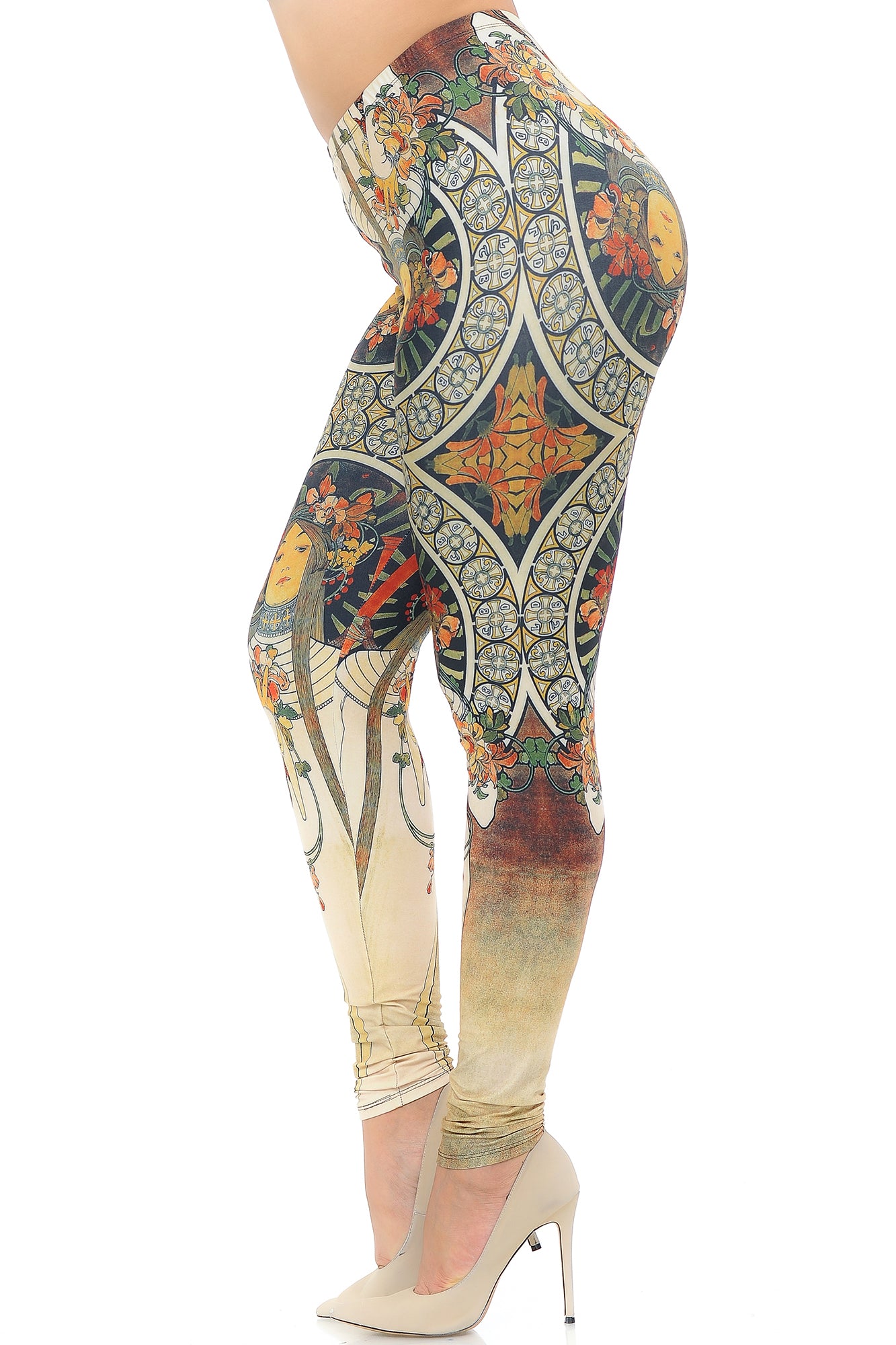 Creamy Soft Gaia Mucha Plus Size Leggings - USA Fashion (One Size Plus,Beige)