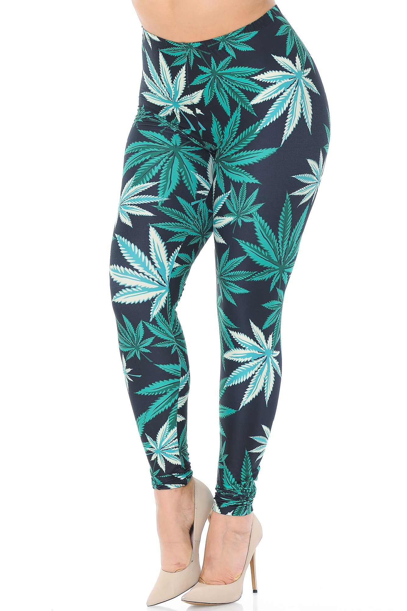Creamy Soft Black Weed Plus Size Leggings - USA Fashion (One Size Plus,Green)