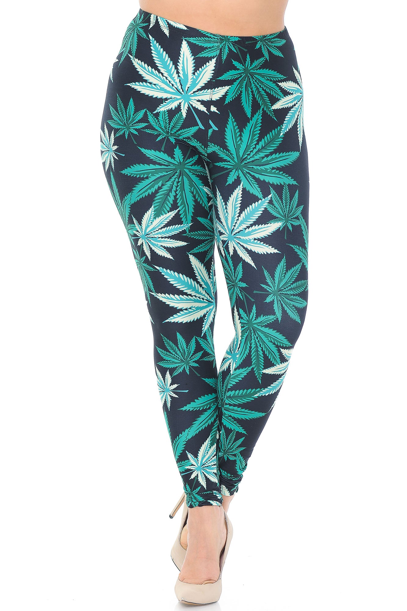 Creamy Soft Black Weed Plus Size Leggings - USA Fashion (One Size Plus,Green)