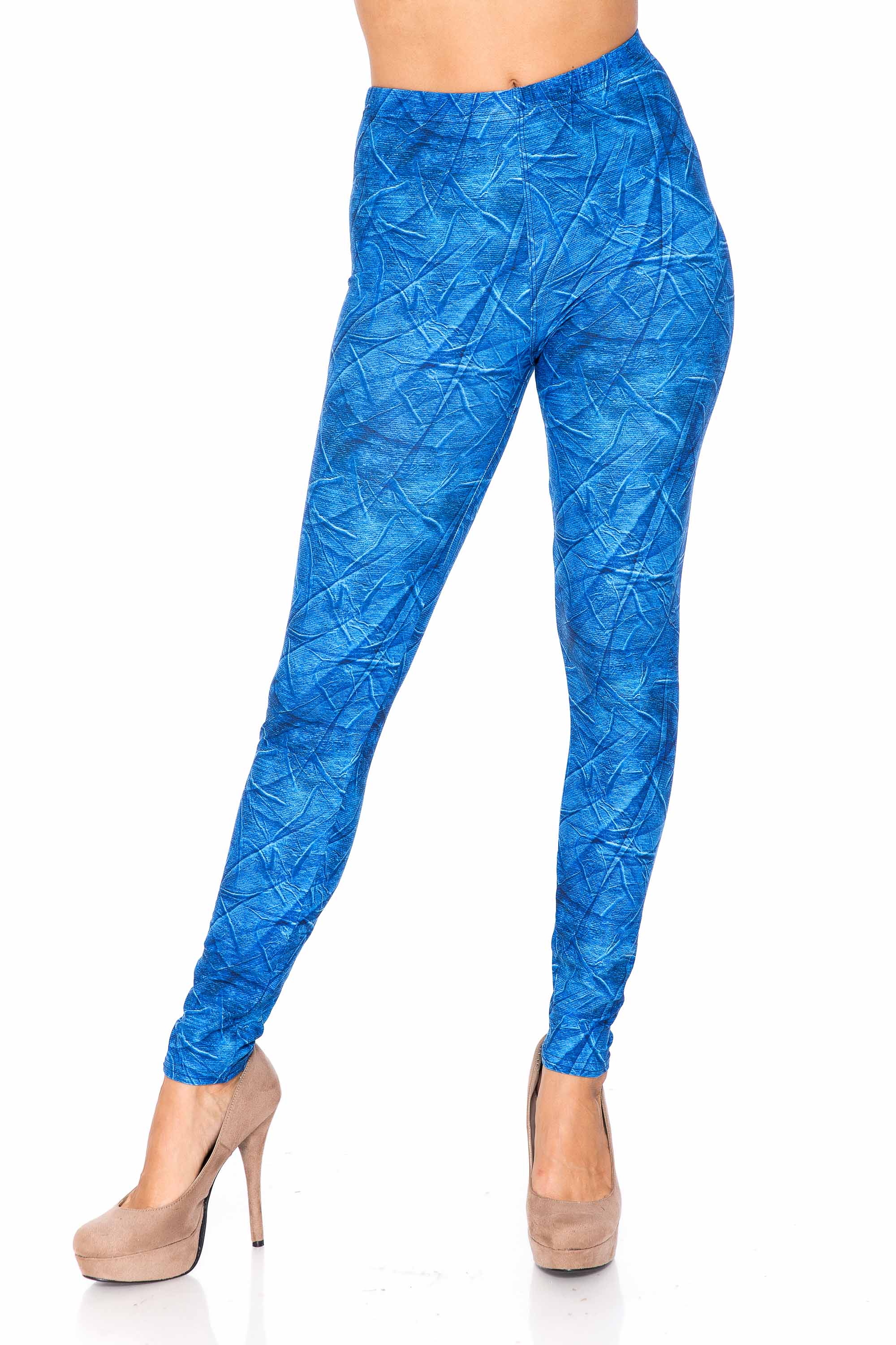 Creamy Soft Blue Wrinkled Denim Plus Size Leggings - USA Fashion (One Size Plus,Blue)