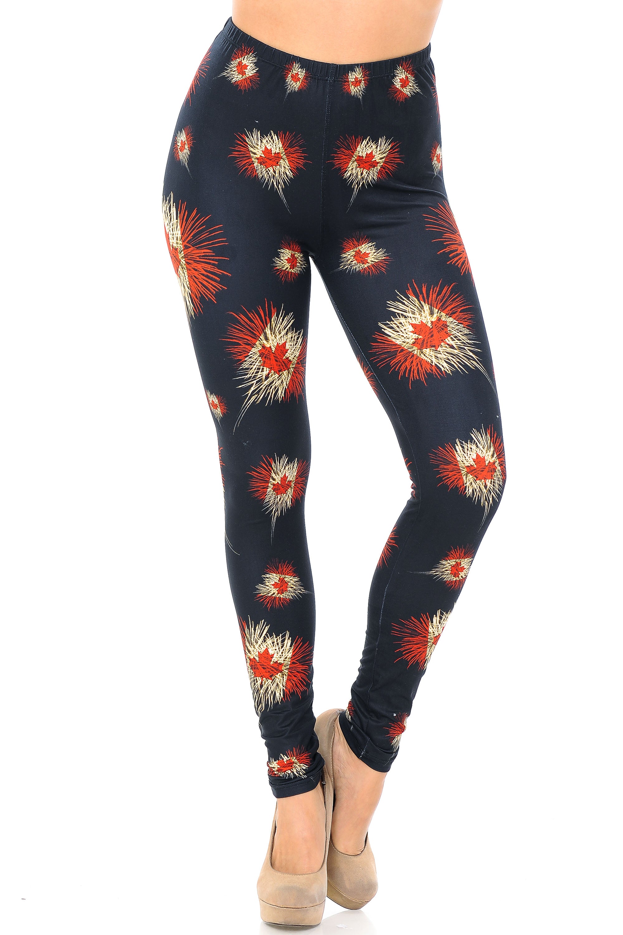 Creamy Soft Canadian Flag Fireworks Plus Size Leggings - USA Fashion (One Size Plus,Black)