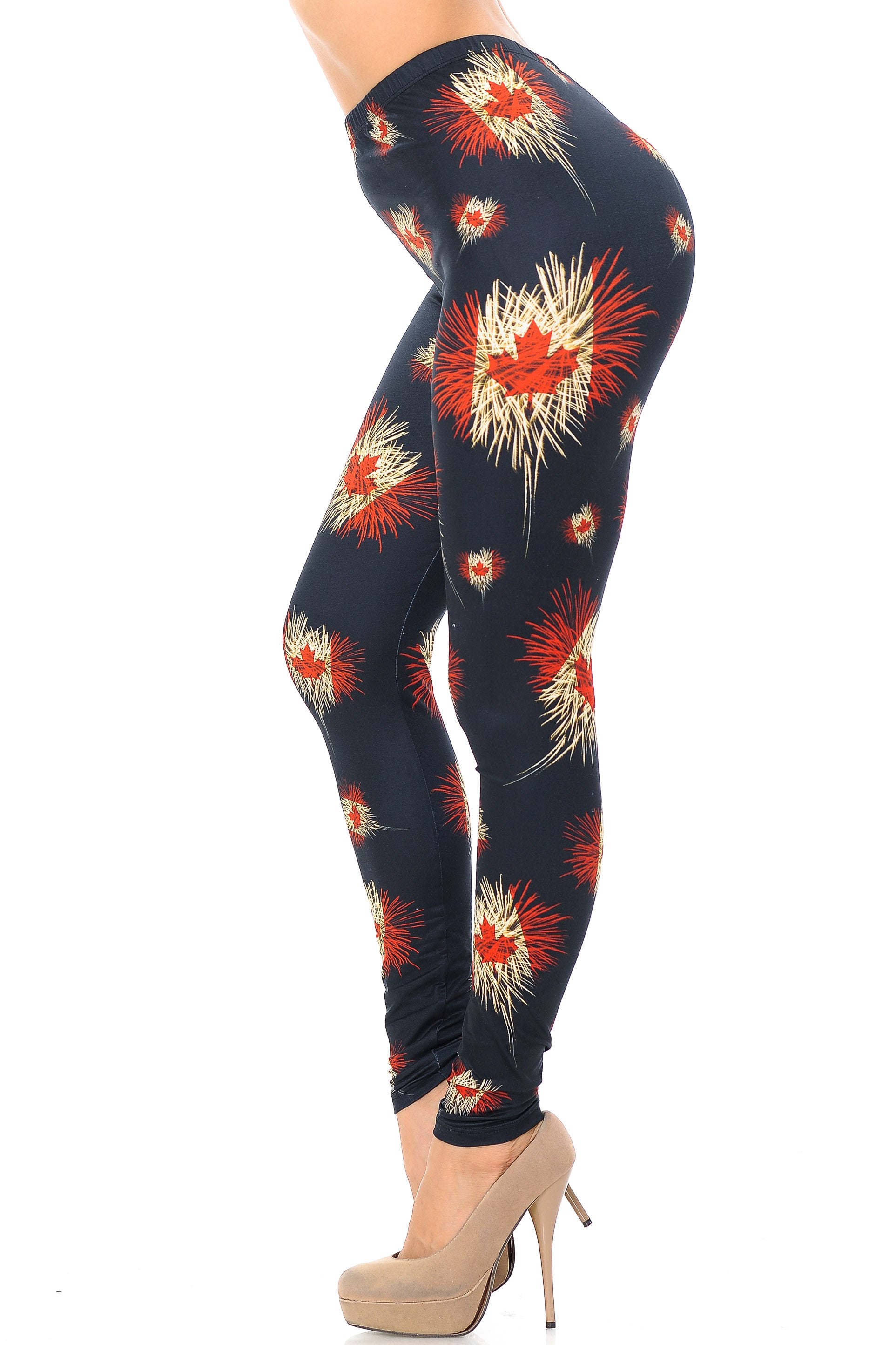 Creamy Soft Canadian Flag Fireworks Plus Size Leggings - USA Fashion (One Size Plus,Black)