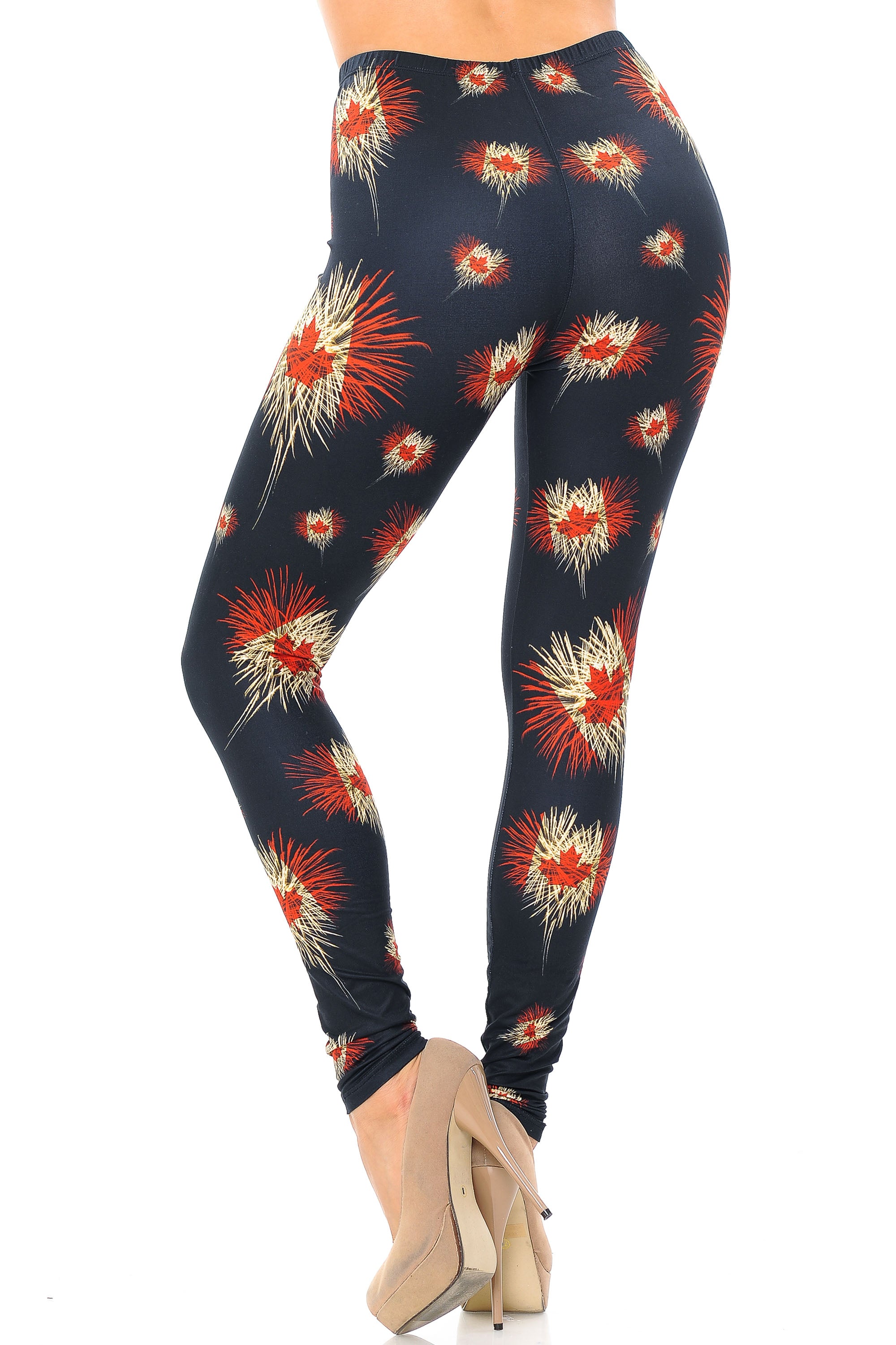 Creamy Soft Canadian Flag Fireworks Plus Size Leggings - USA Fashion (One Size Plus,Black)