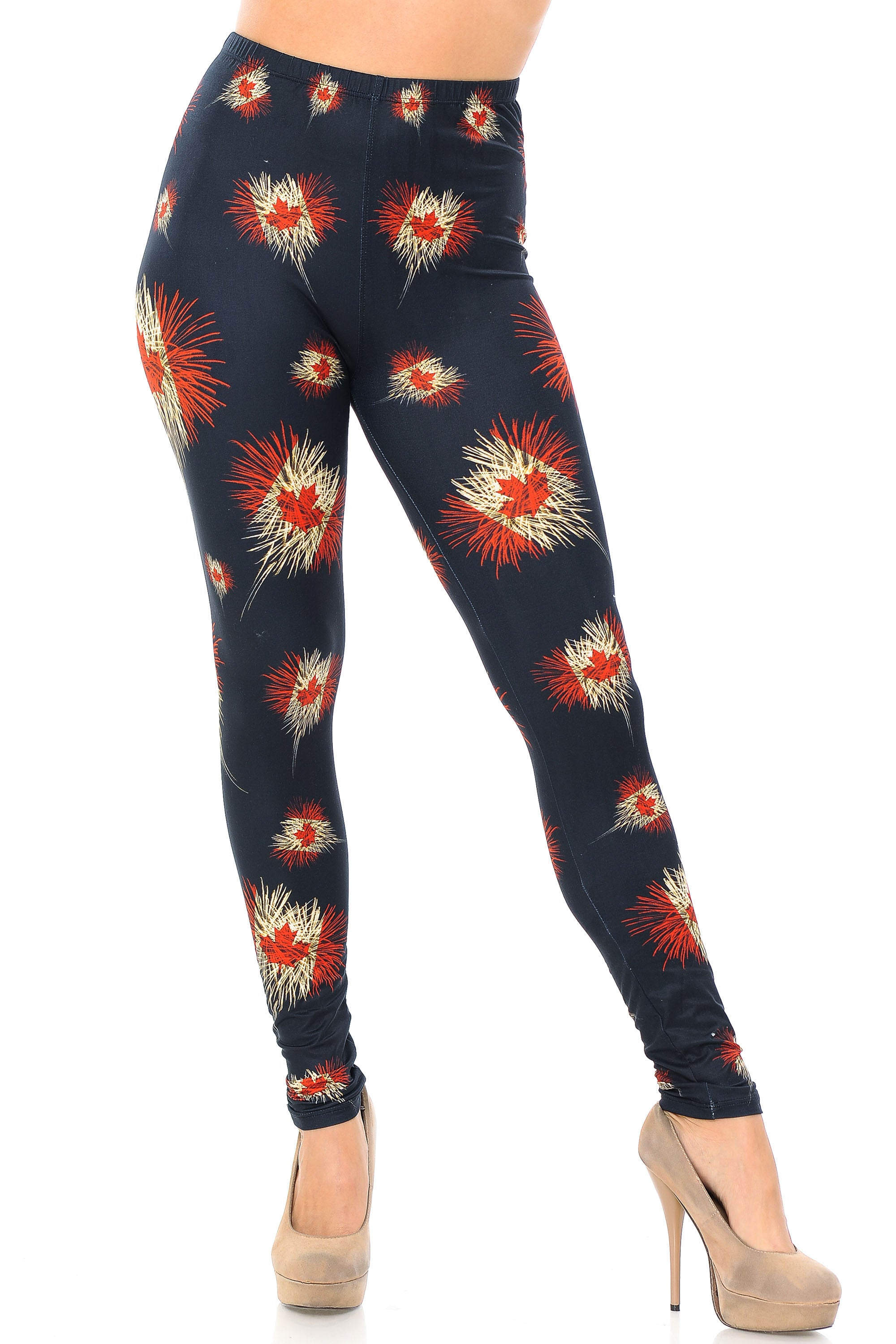 Creamy Soft Canadian Flag Fireworks Plus Size Leggings - USA Fashion (One Size Plus,Black)