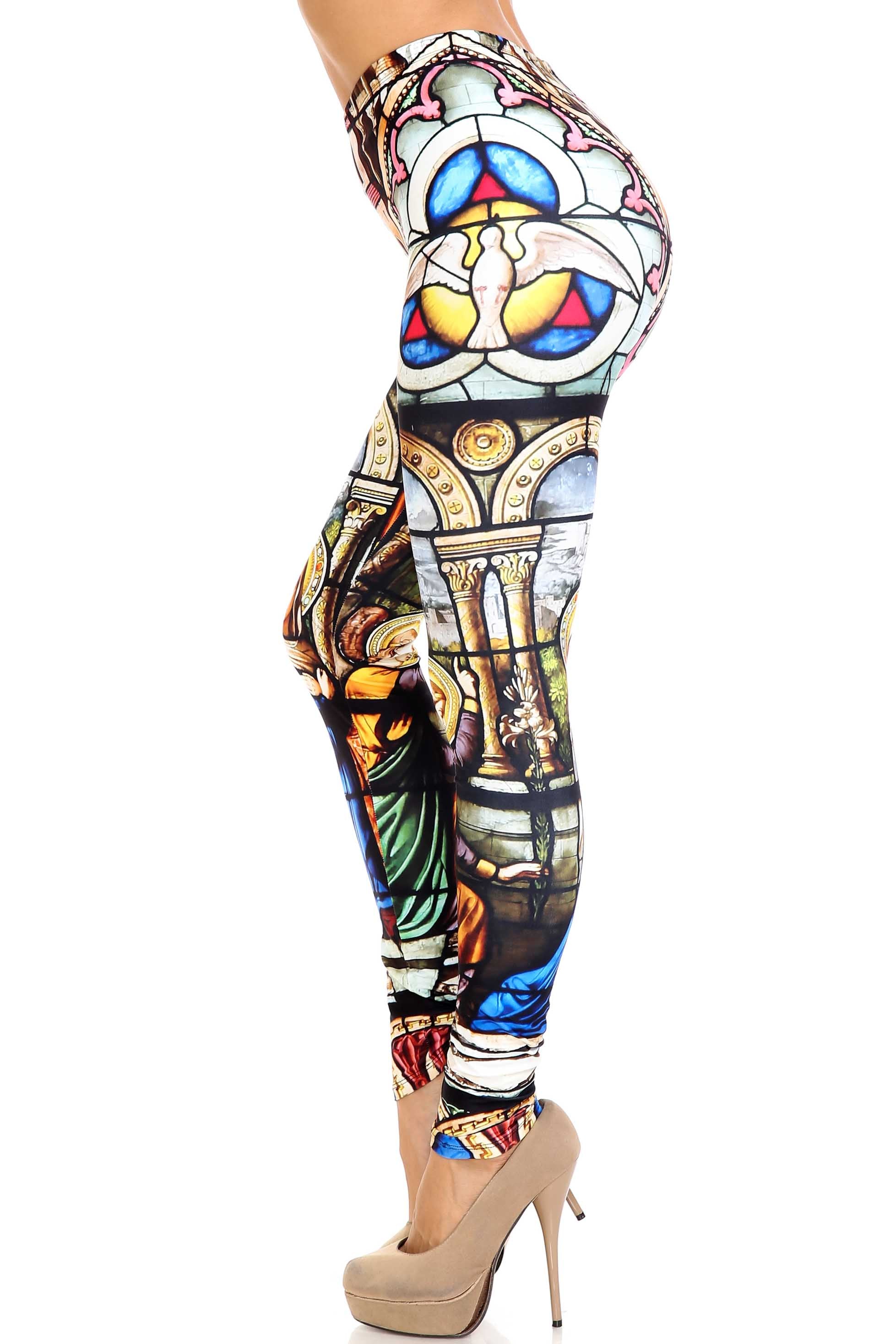 Creamy Soft Stained Glass Cathedral Plus Size Leggings - USA Fashion (One Size Plus,Multi Color Bold)