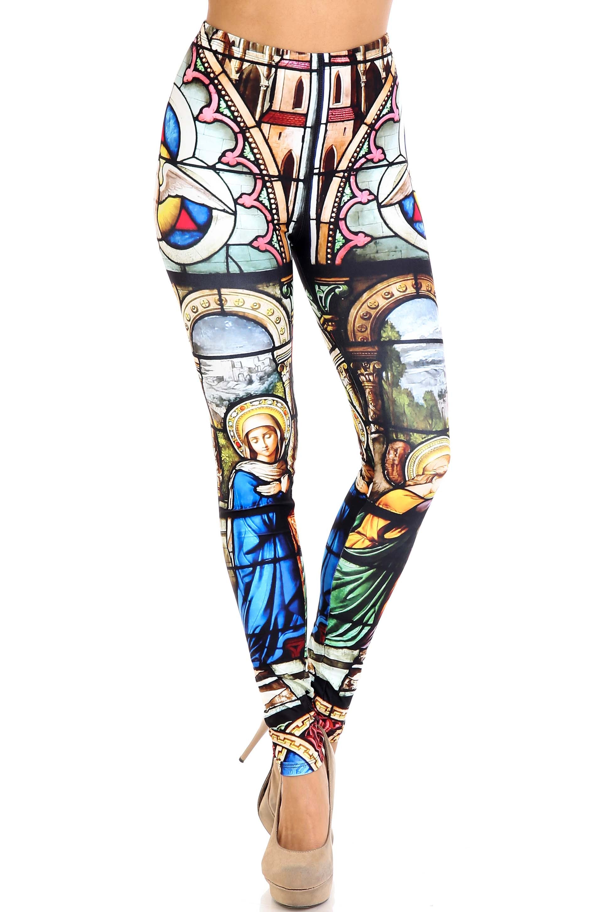 Creamy Soft Stained Glass Cathedral Plus Size Leggings - USA Fashion (One Size Plus,Multi Color Bold)