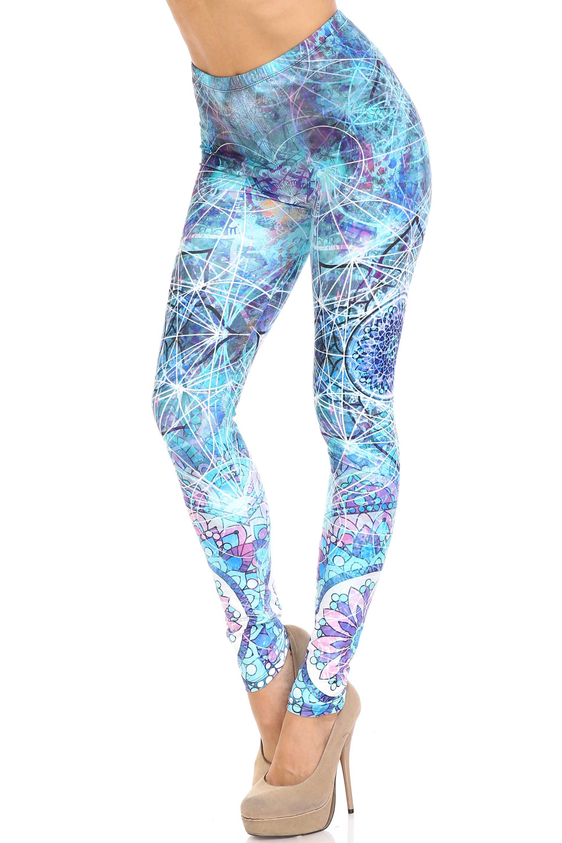 Creamy Soft Cyan Mandala Plus Size Leggings - USA Fashion (One Size Plus,Blue)