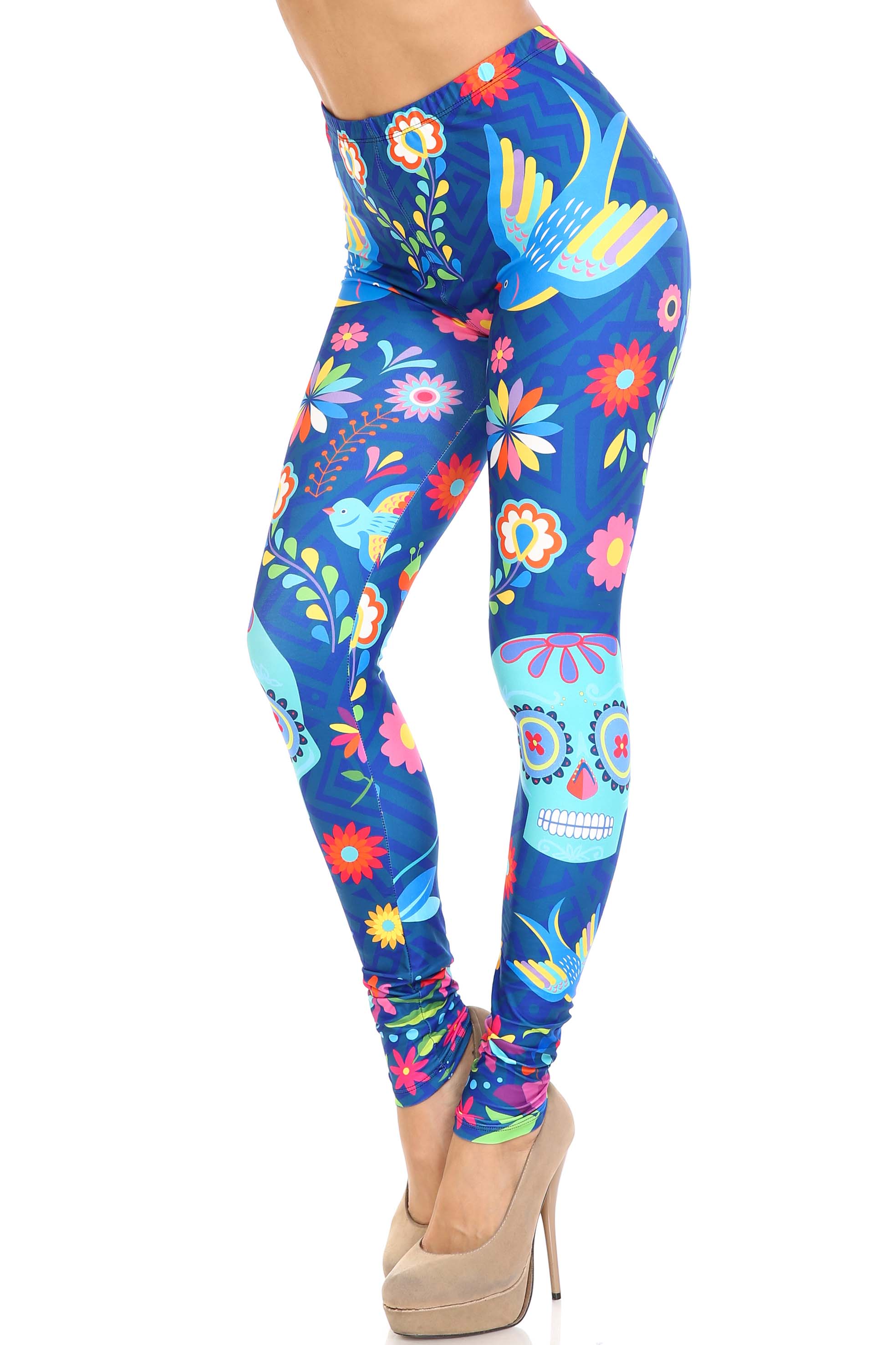 Creamy Soft Garden of Eden Sugar Skull Plus Size Leggings - USA Fashion (One Size Plus,Blue)