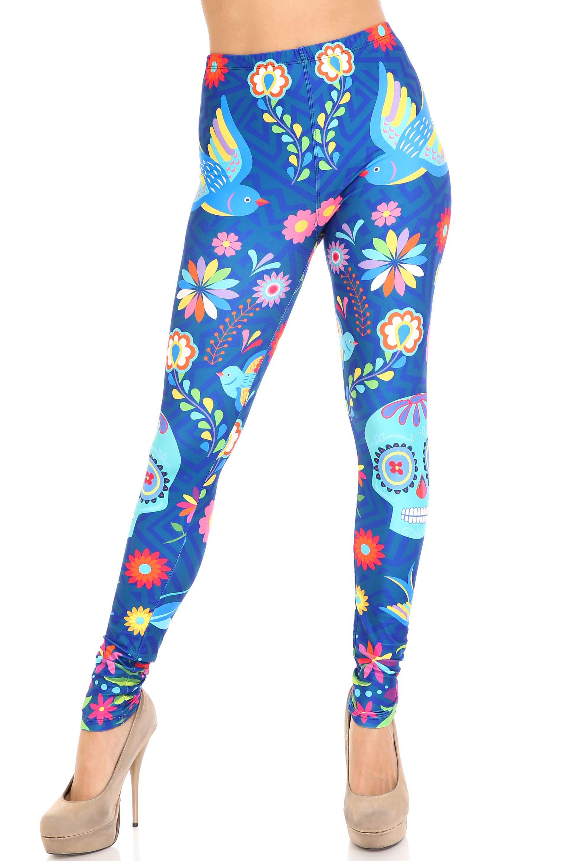 Creamy Soft Garden of Eden Sugar Skull Plus Size Leggings - USA Fashion (One Size Plus,Blue)