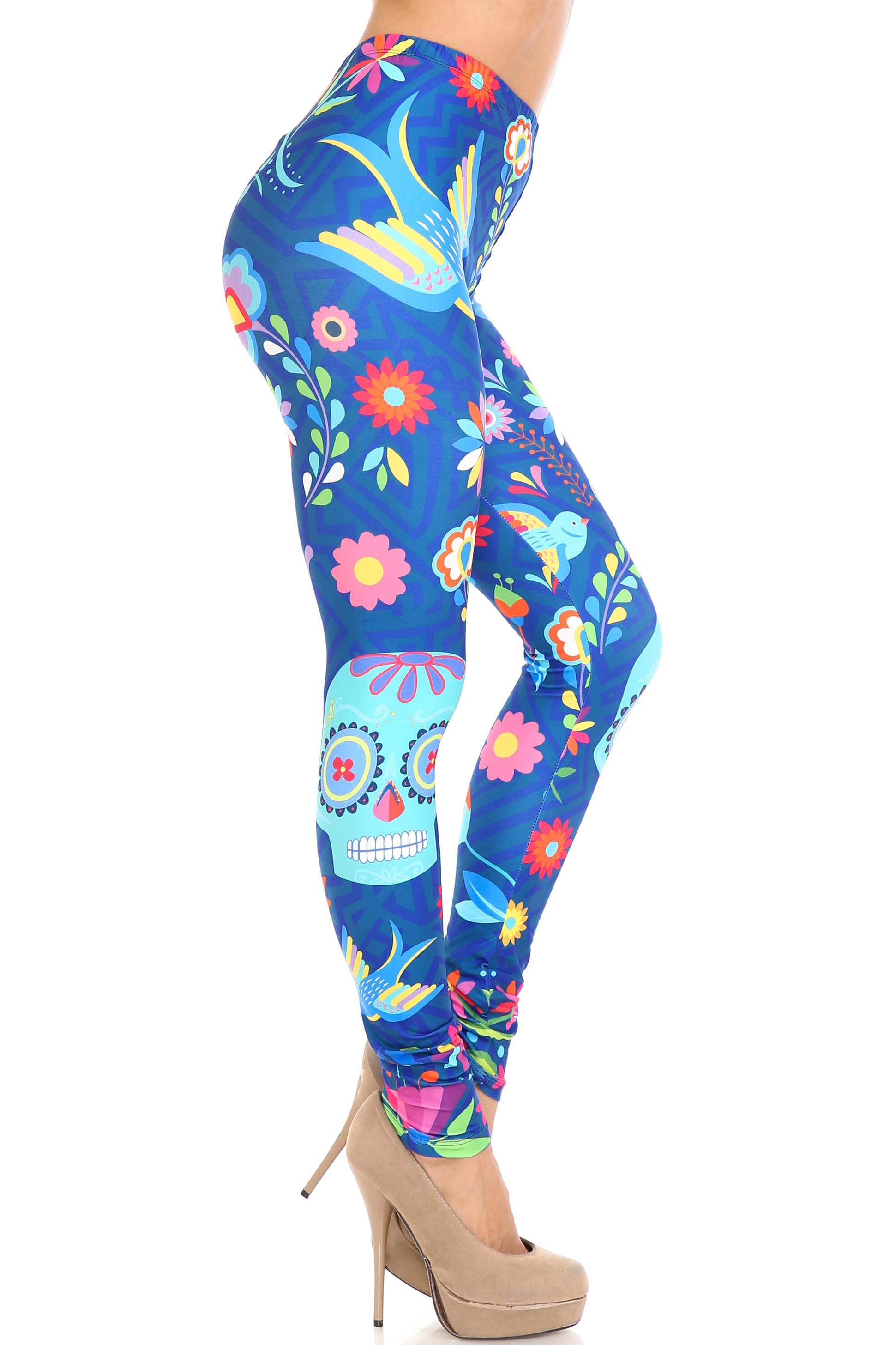 Creamy Soft Garden of Eden Sugar Skull Plus Size Leggings - USA Fashion (One Size Plus,Blue)