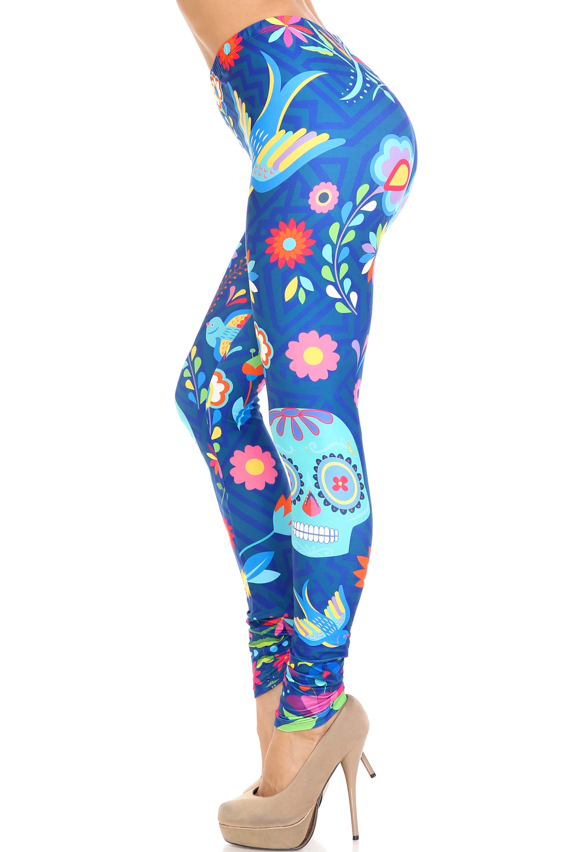 Creamy Soft Garden of Eden Sugar Skull Plus Size Leggings - USA Fashion (One Size Plus,Blue)