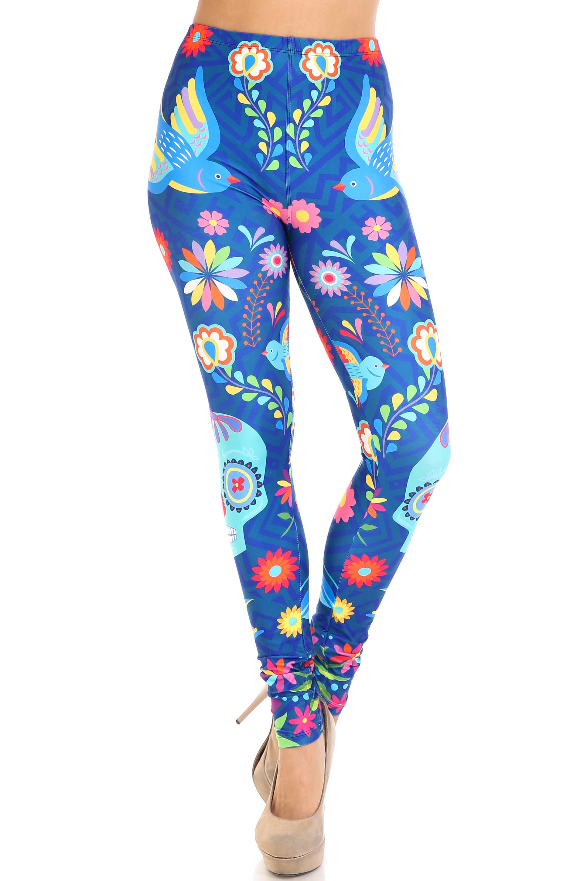 Creamy Soft Garden of Eden Sugar Skull Plus Size Leggings - USA Fashion (One Size Plus,Blue)