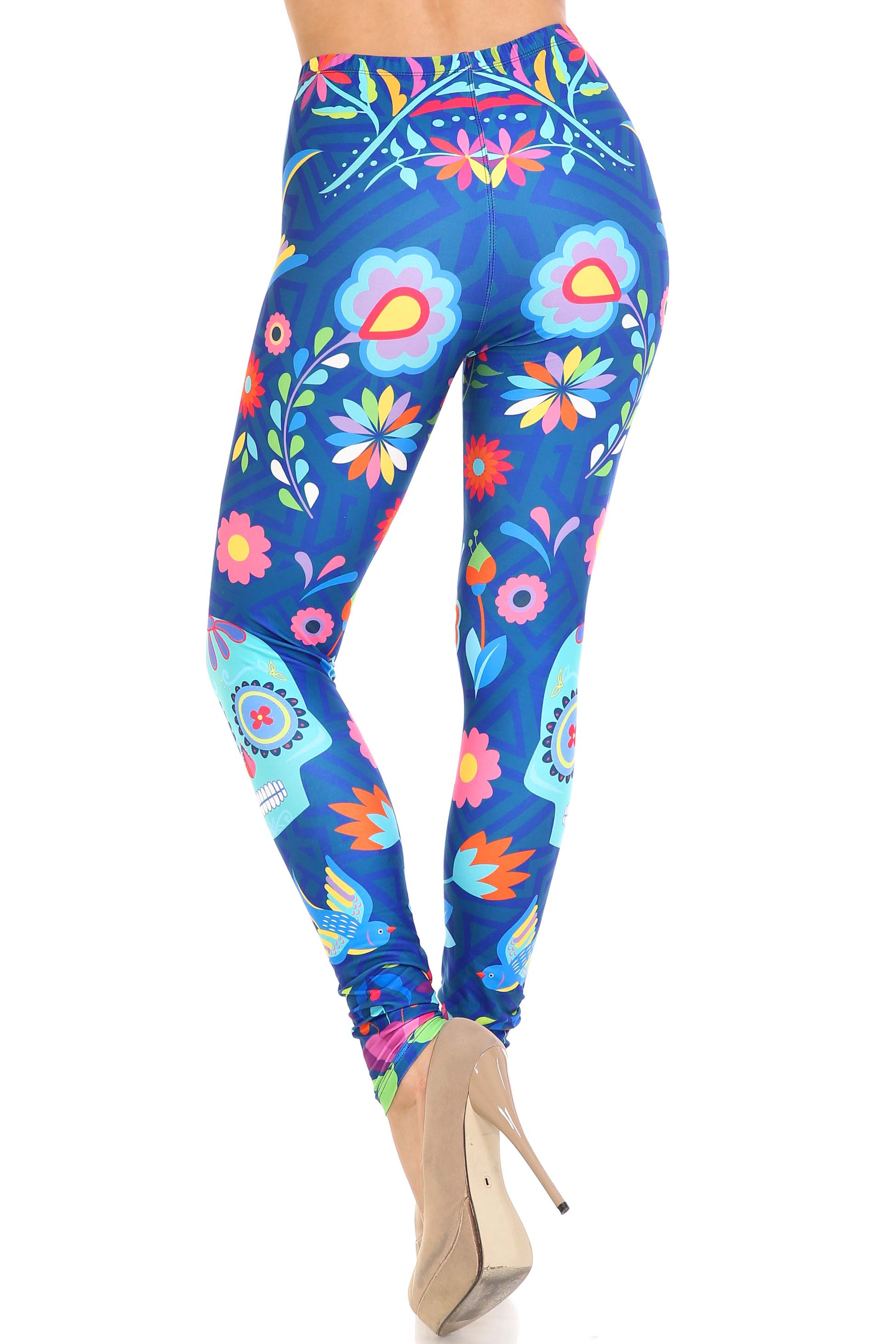 Creamy Soft Garden of Eden Sugar Skull Plus Size Leggings - USA Fashion (One Size Plus,Blue)