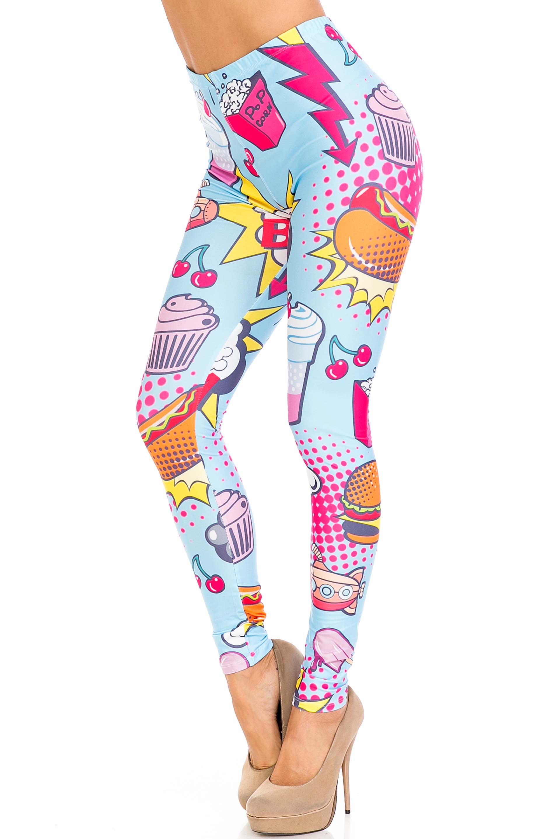 Creamy Soft Fast Food Comic Plus Size Leggings - USA Fashion (One Size Plus,Blue)