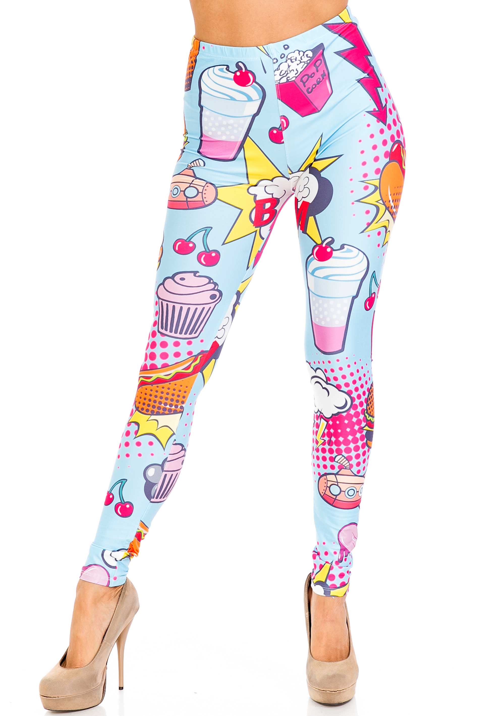 Creamy Soft Fast Food Comic Plus Size Leggings - USA Fashion (One Size Plus,Blue)