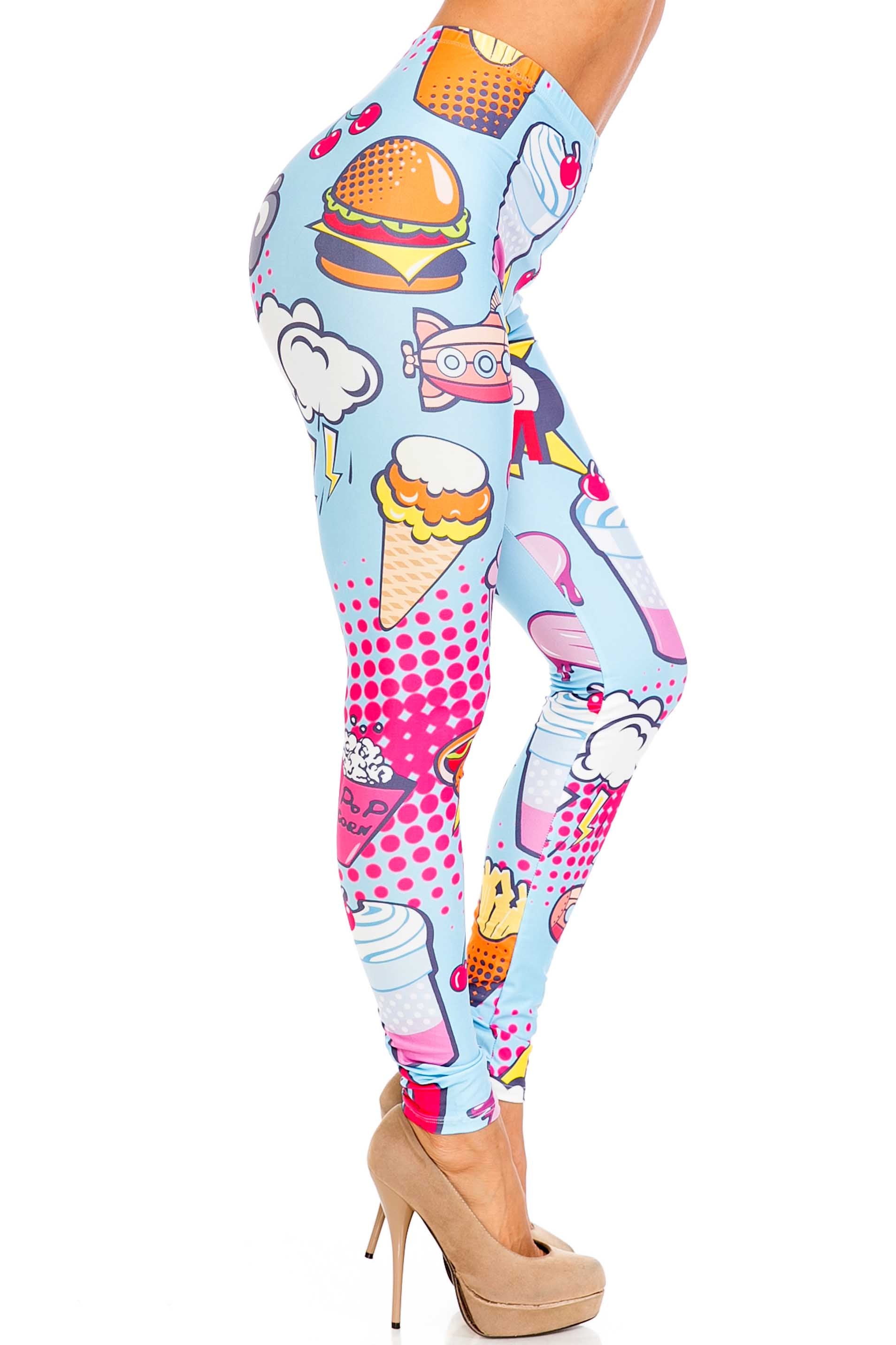 Creamy Soft Fast Food Comic Plus Size Leggings - USA Fashion (One Size Plus,Blue)