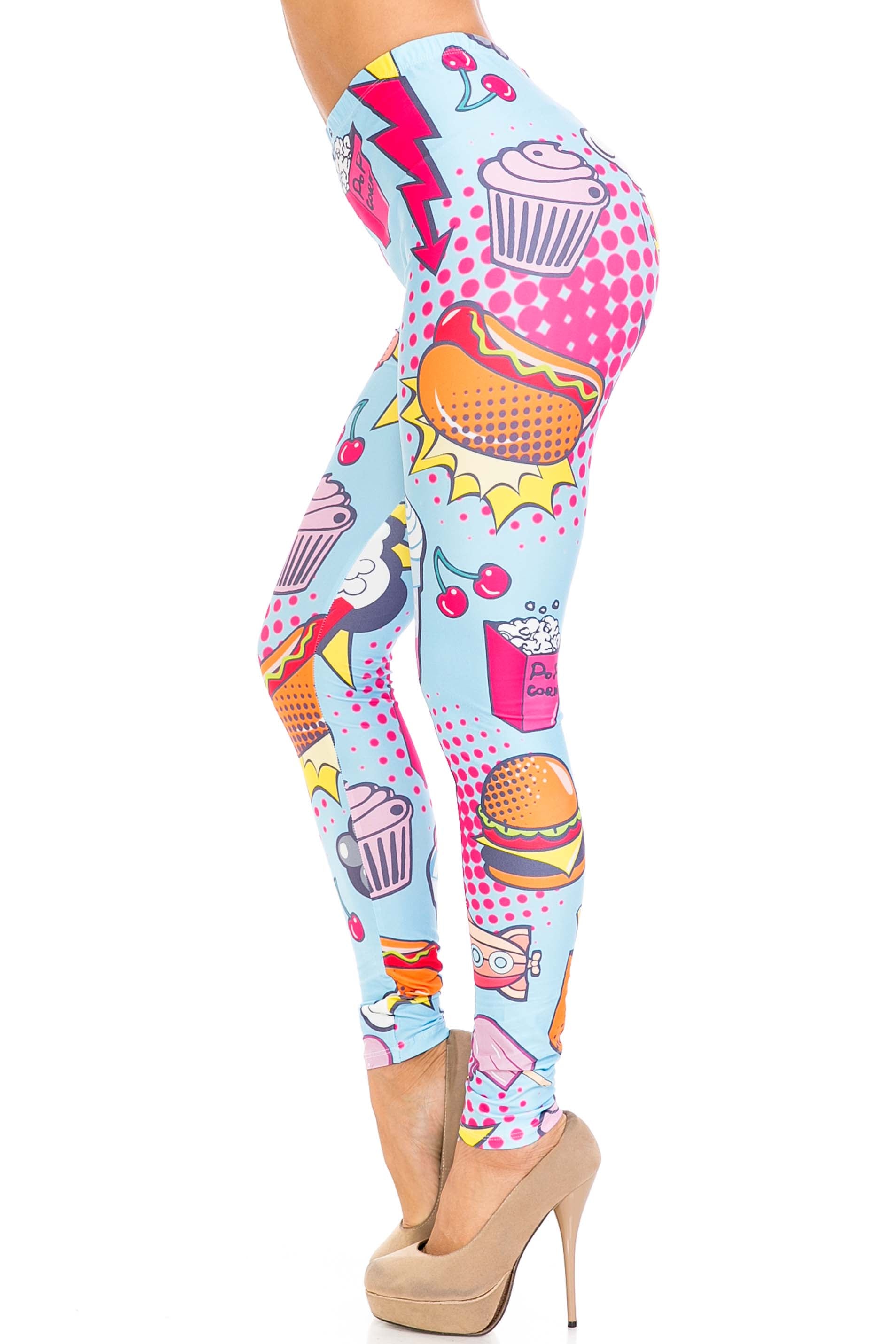 Creamy Soft Fast Food Comic Plus Size Leggings - USA Fashion (One Size Plus,Blue)