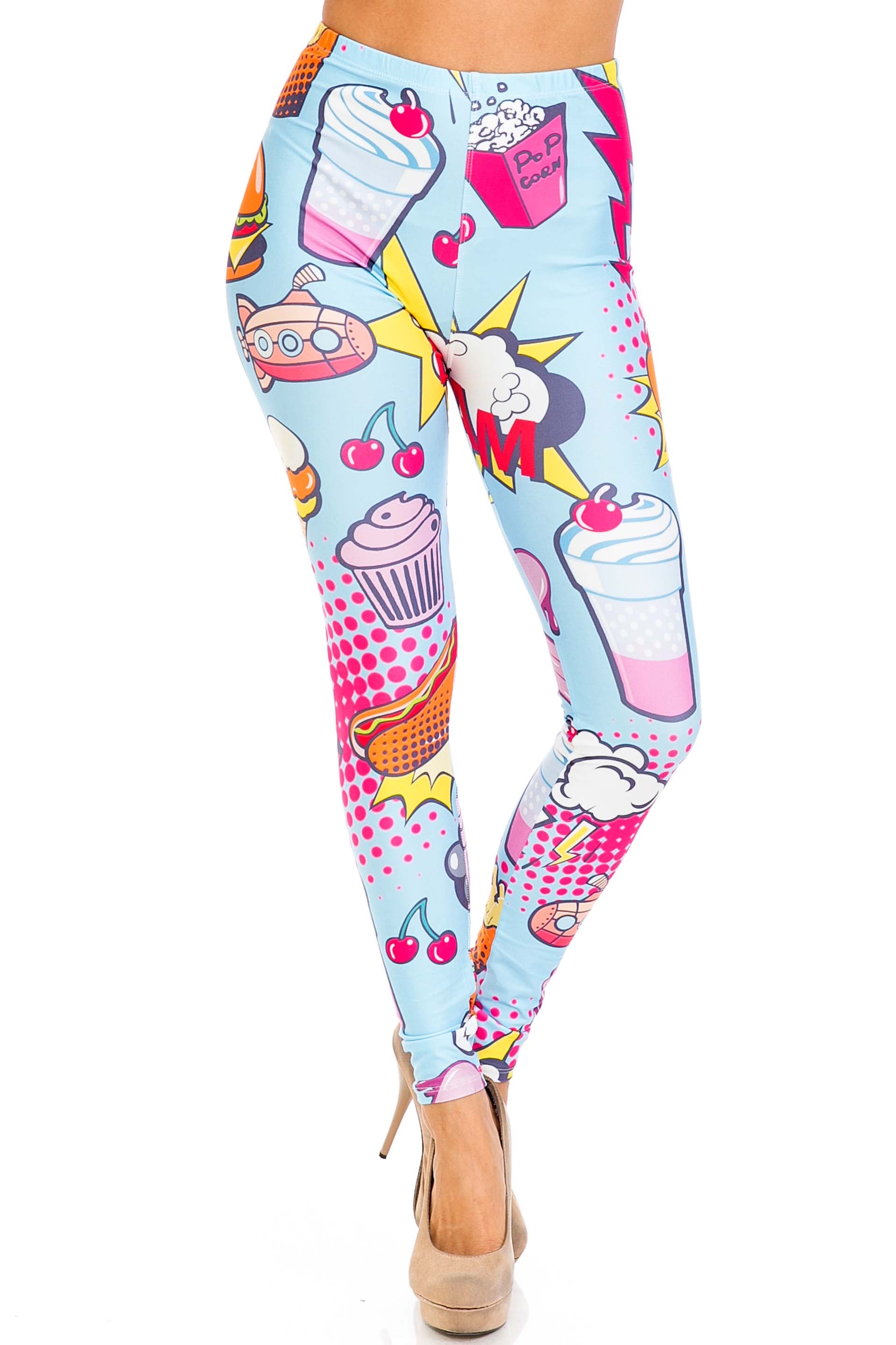 Creamy Soft Fast Food Comic Plus Size Leggings - USA Fashion (One Size Plus,Blue)