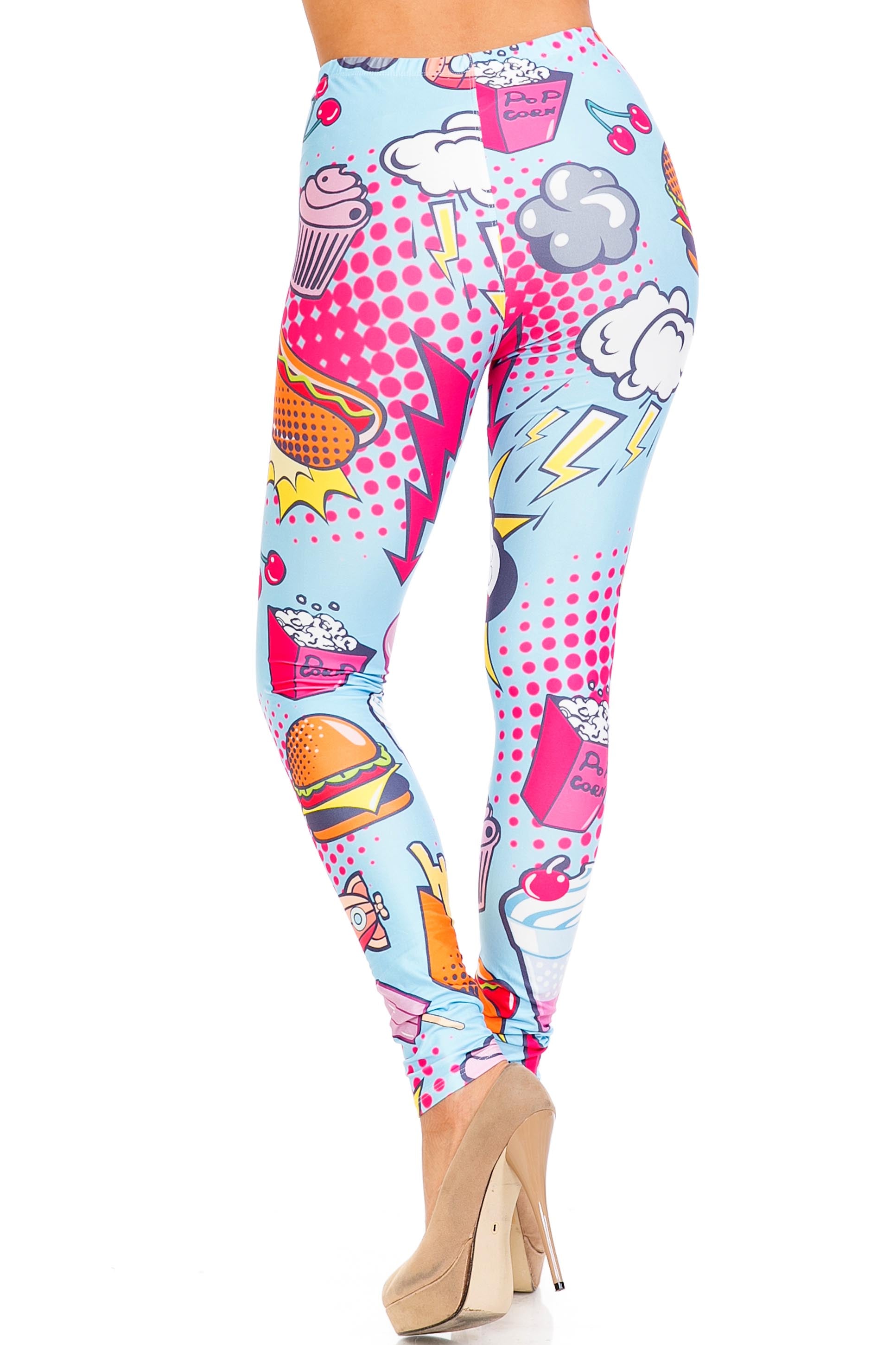 Creamy Soft Fast Food Comic Plus Size Leggings - USA Fashion (One Size Plus,Blue)