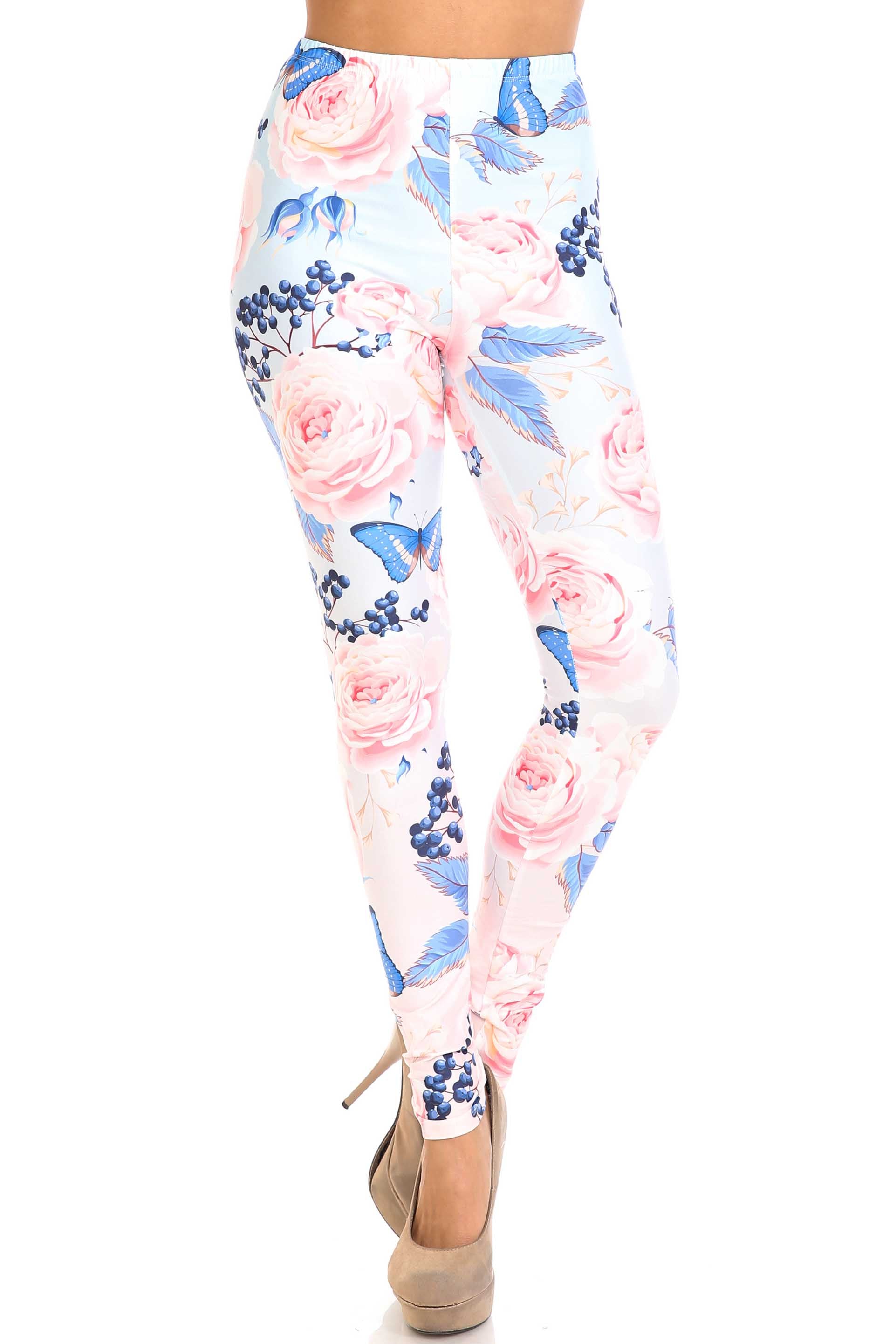Creamy Soft Butterflies and Jumbo Pink Roses Plus Size Leggings - USA Fashion (One Size Plus,Pink)