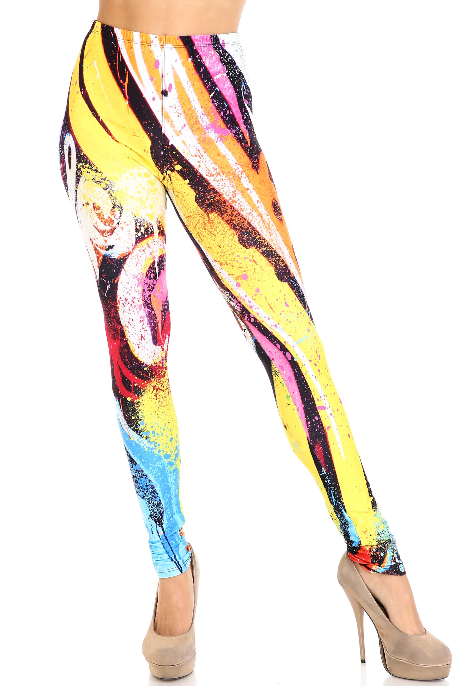 Creamy Soft Colorful Paint Strokes Plus Size Leggings - USA Fashion (One Size Plus,Multi Color Bold)