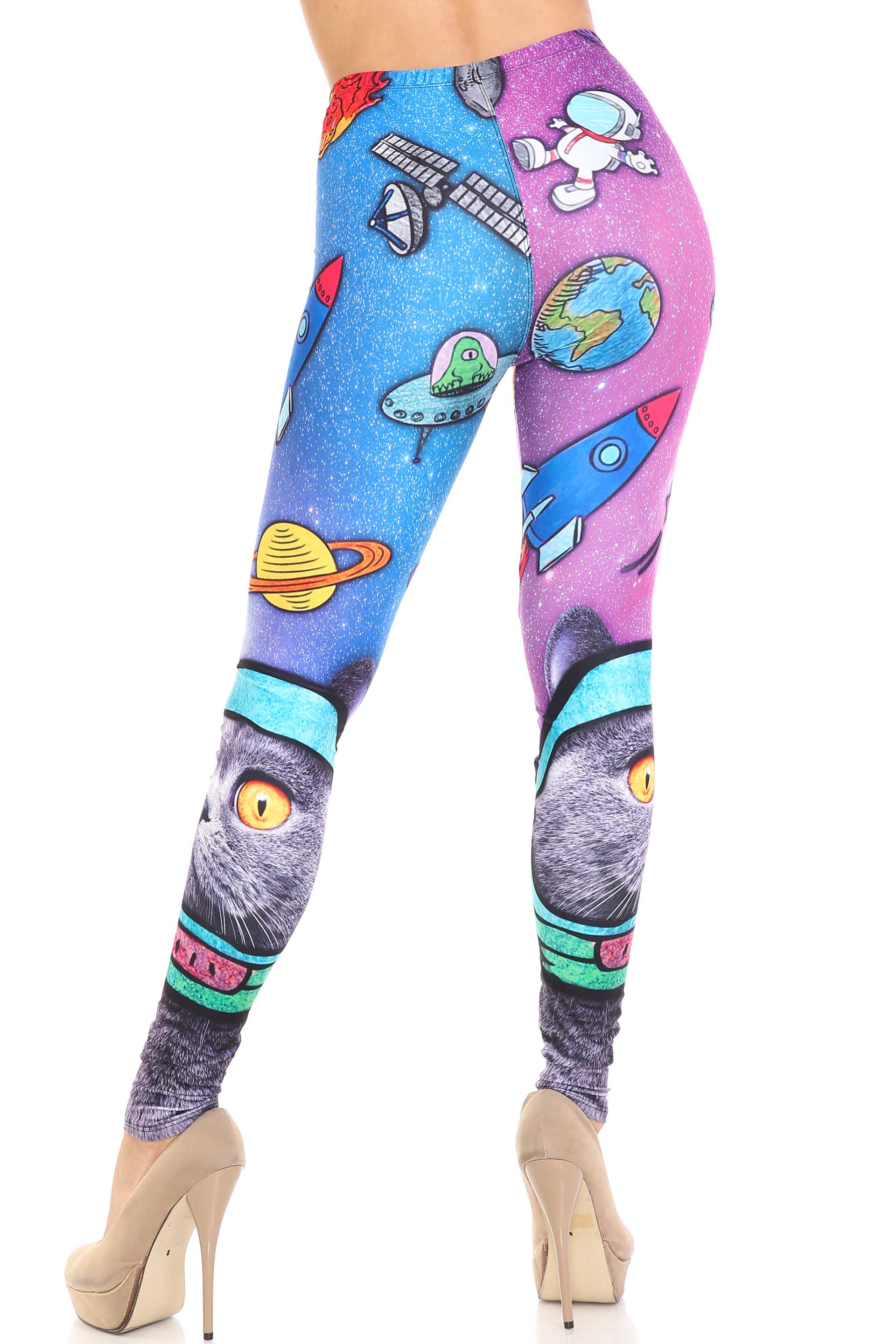 Creamy Soft Space Cat Plus Size Leggings - USA Fashion (One Size Plus,Blue)