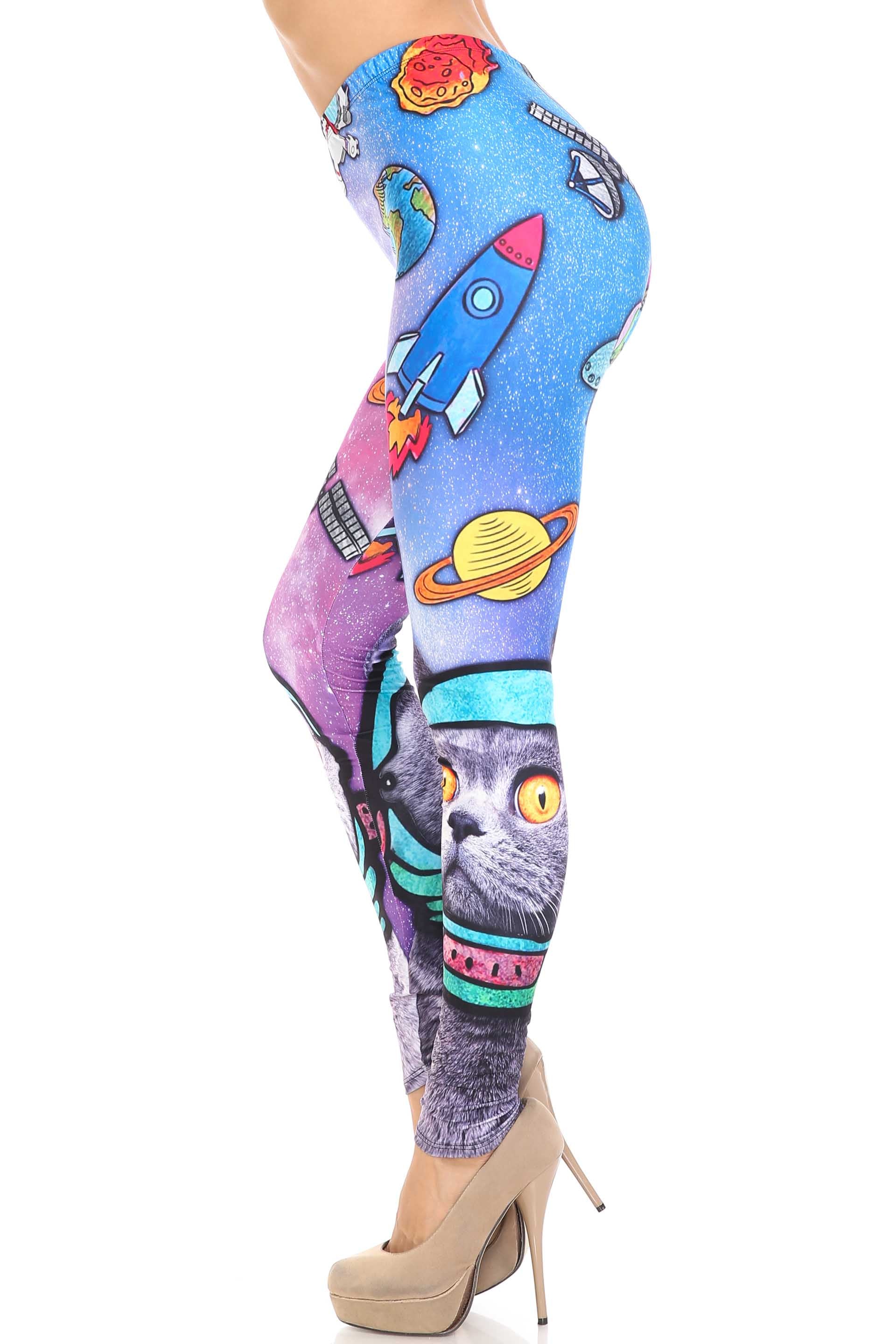 Creamy Soft Space Cat Plus Size Leggings - USA Fashion (One Size Plus,Blue)