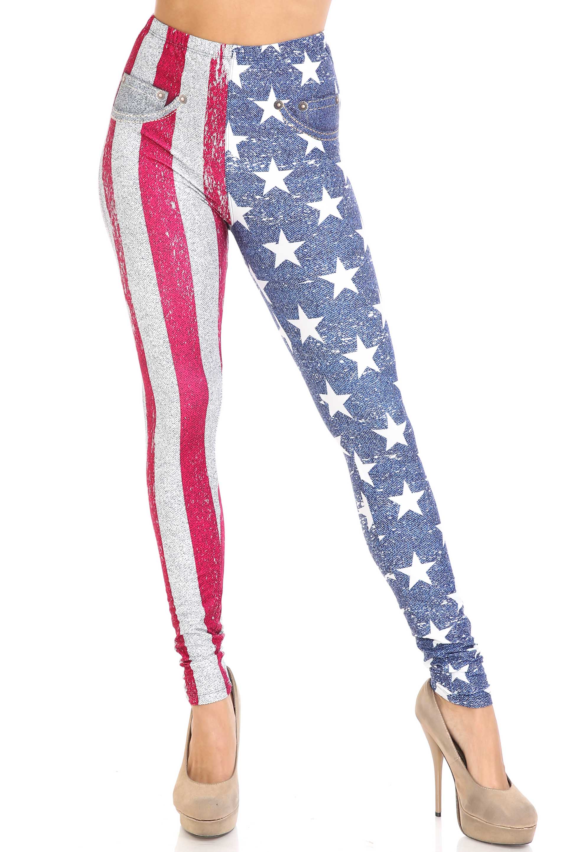 Creamy Soft USA Flag Denim Jeans Plus Size Leggings - USA Fashion (One Size Plus,Navy)