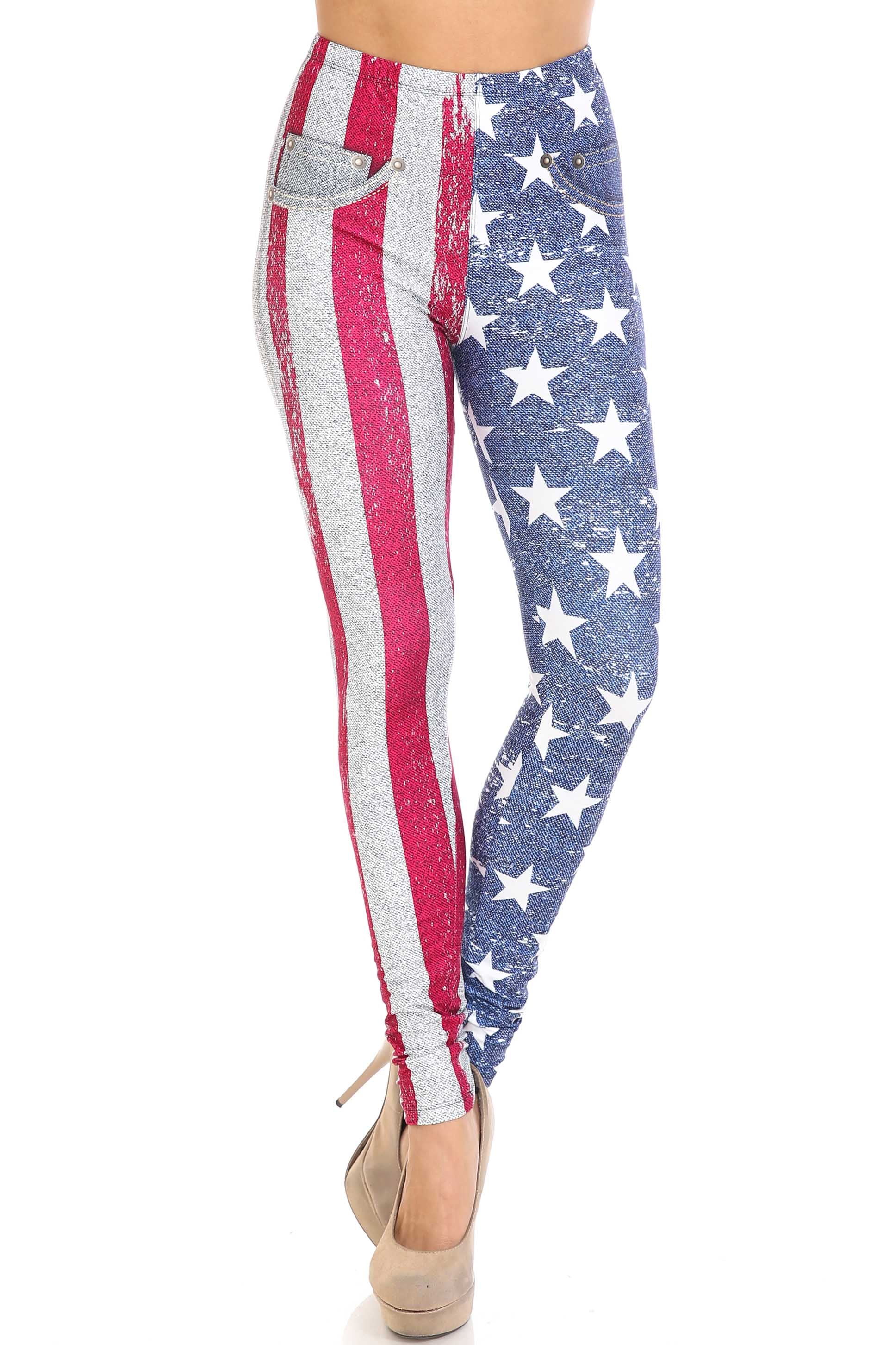 Creamy Soft USA Flag Denim Jeans Plus Size Leggings - USA Fashion (One Size Plus,Navy)