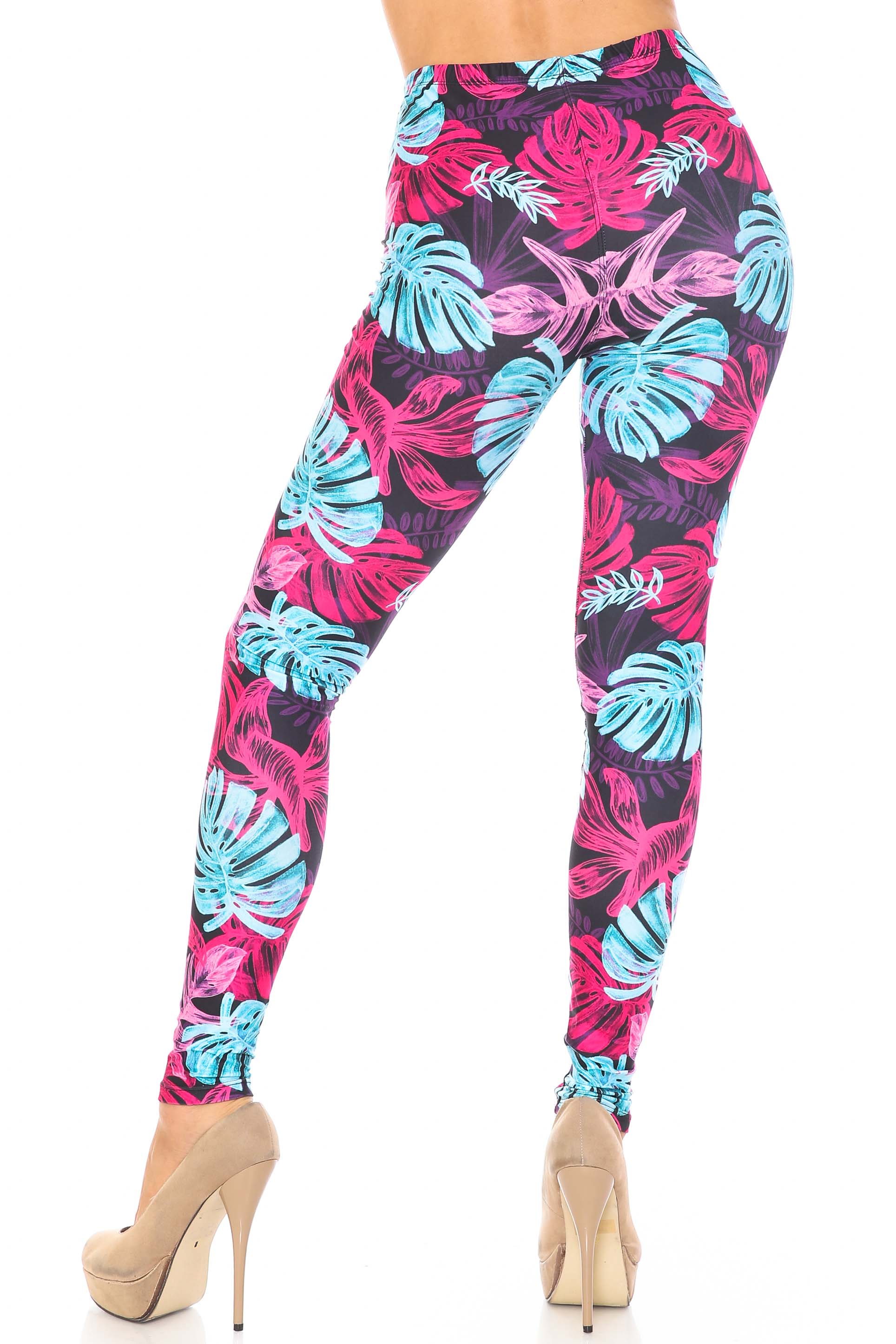 Creamy Soft Vivid Tropical Leaves Plus Size Leggings - USA Fashion (One Size Plus,Multi Color Bold)