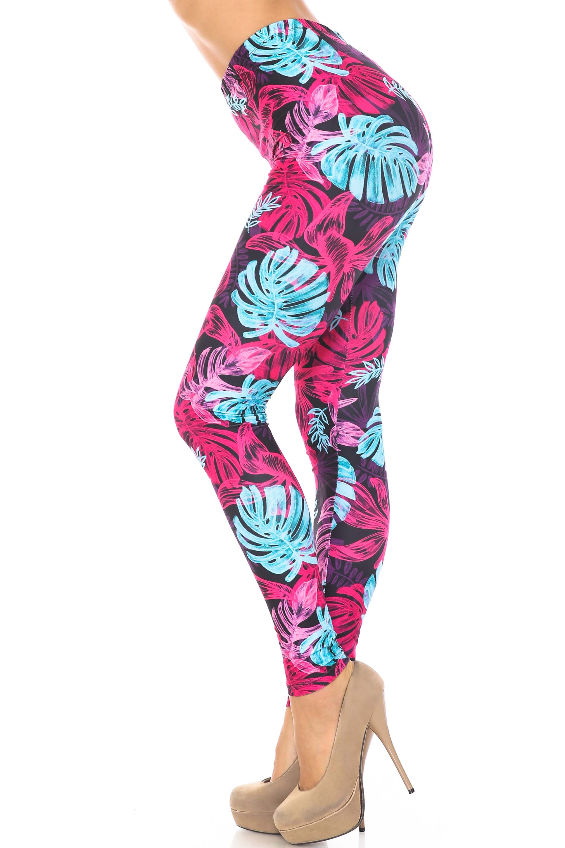 Creamy Soft Vivid Tropical Leaves Plus Size Leggings - USA Fashion (One Size Plus,Multi Color Bold)