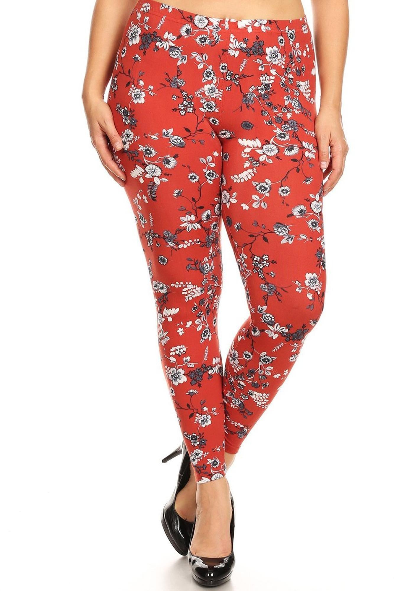 Brushed Ruby Red Spring Floral Plus Size Leggings