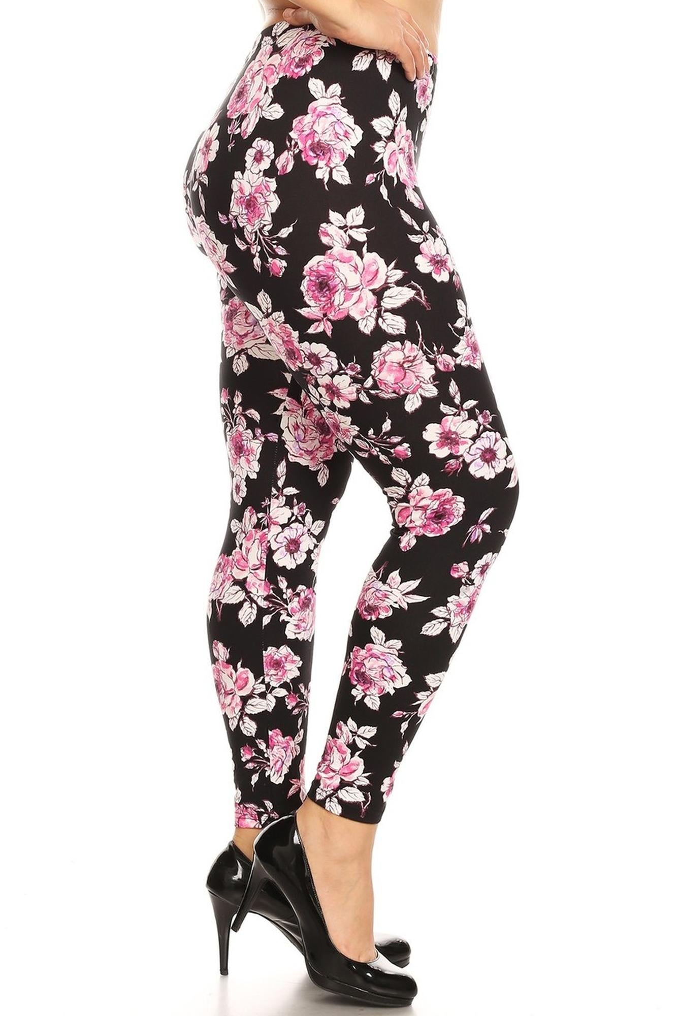 Brushed Decadent Pink Floral Plus Size Leggings