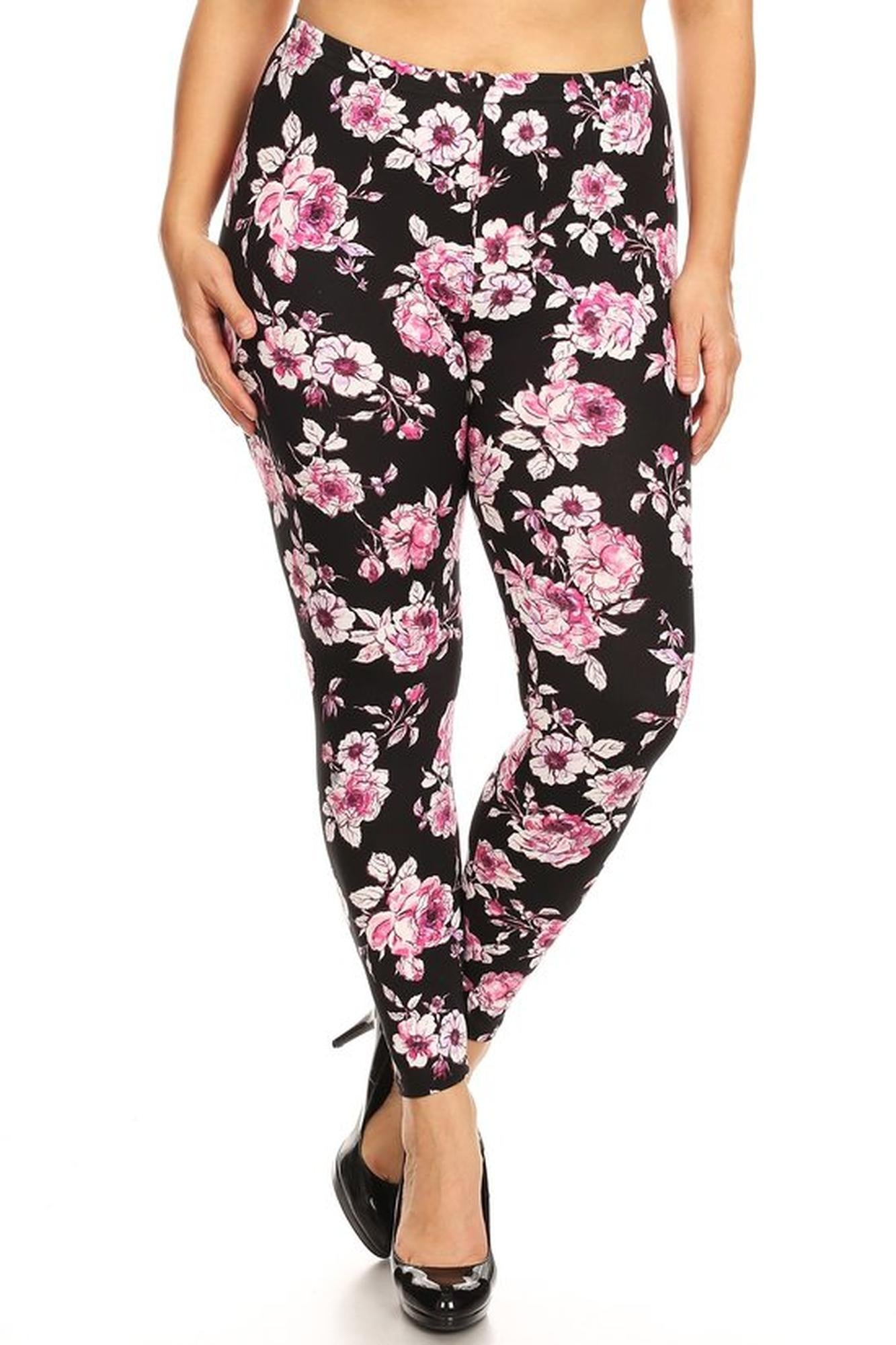Brushed Decadent Pink Floral Plus Size Leggings
