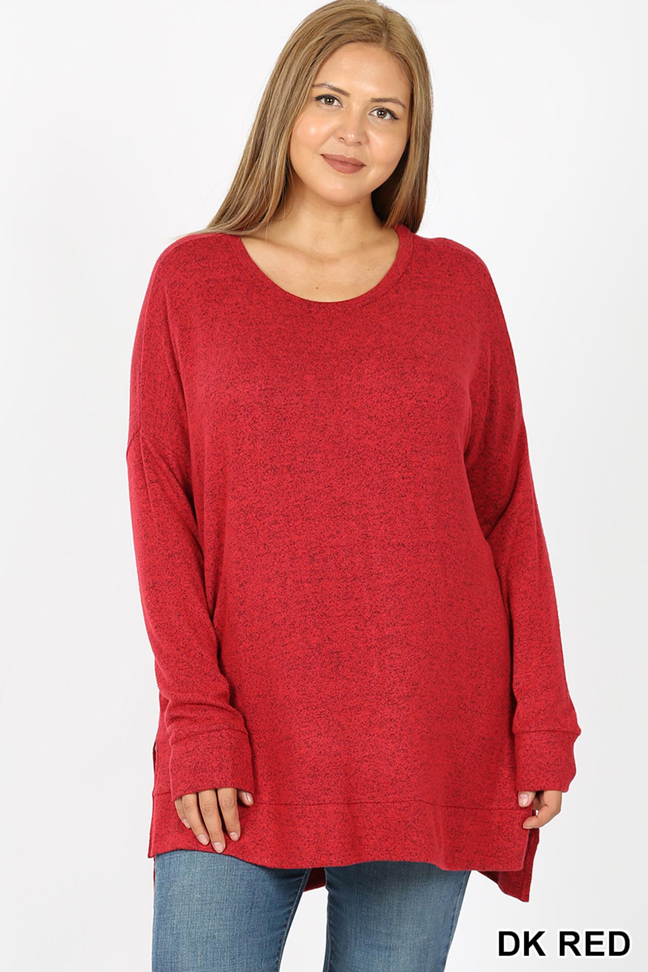 Brushed Melange Round Neck HI-LOW Plus Size Top