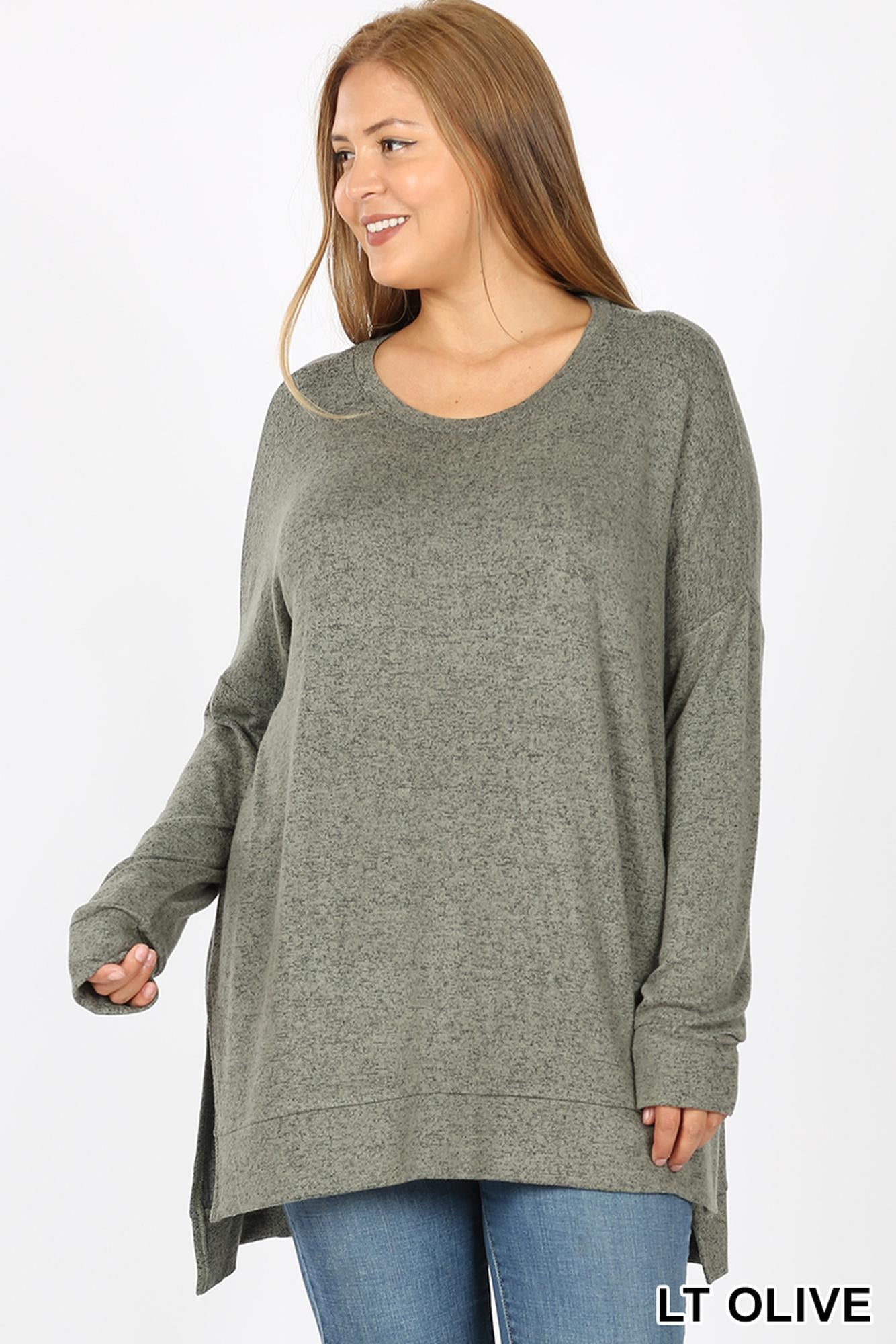 Brushed Melange Round Neck HI-LOW Plus Size Top