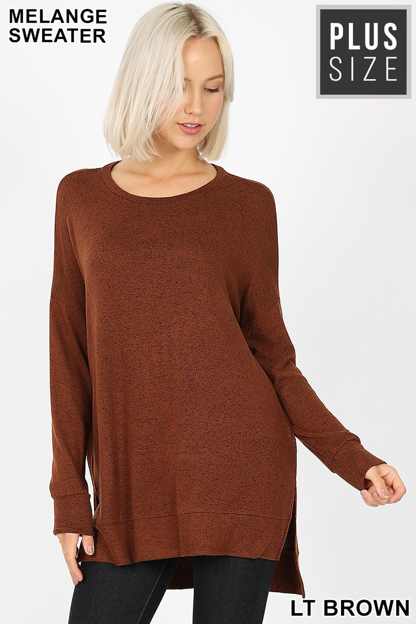 Brushed Melange Round Neck HI-LOW Plus Size Top