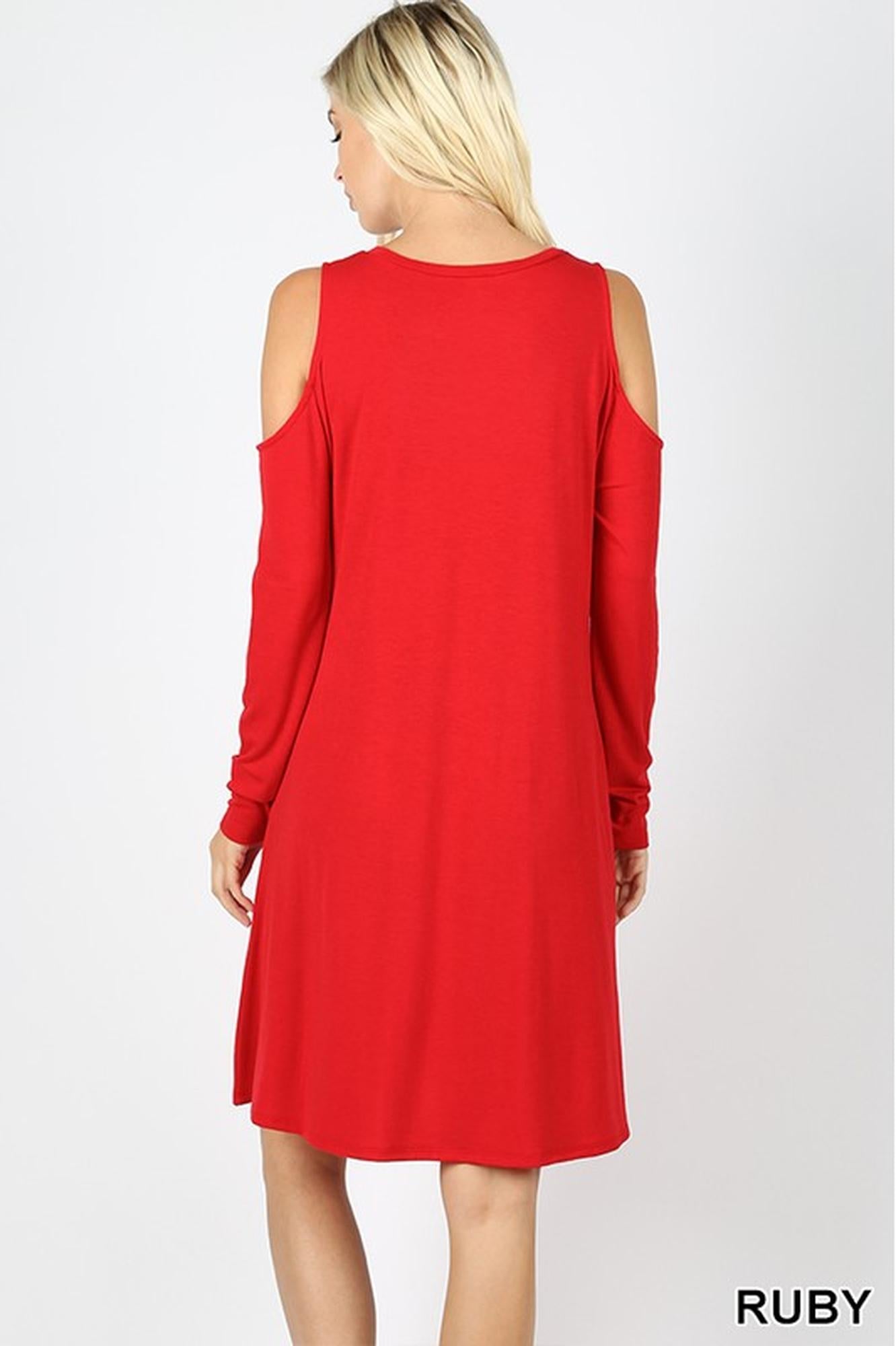 Premium Long Sleeve Cold Shoulder Rayon Tunic / Dress with Pockets